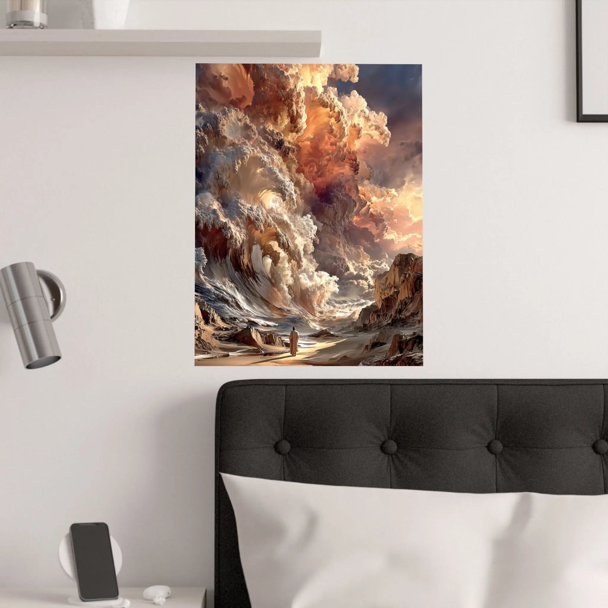 Epic Fantasy Cloudscape Satin Poster — Lone Wanderer in Fiery Sky (210gsm) Printify