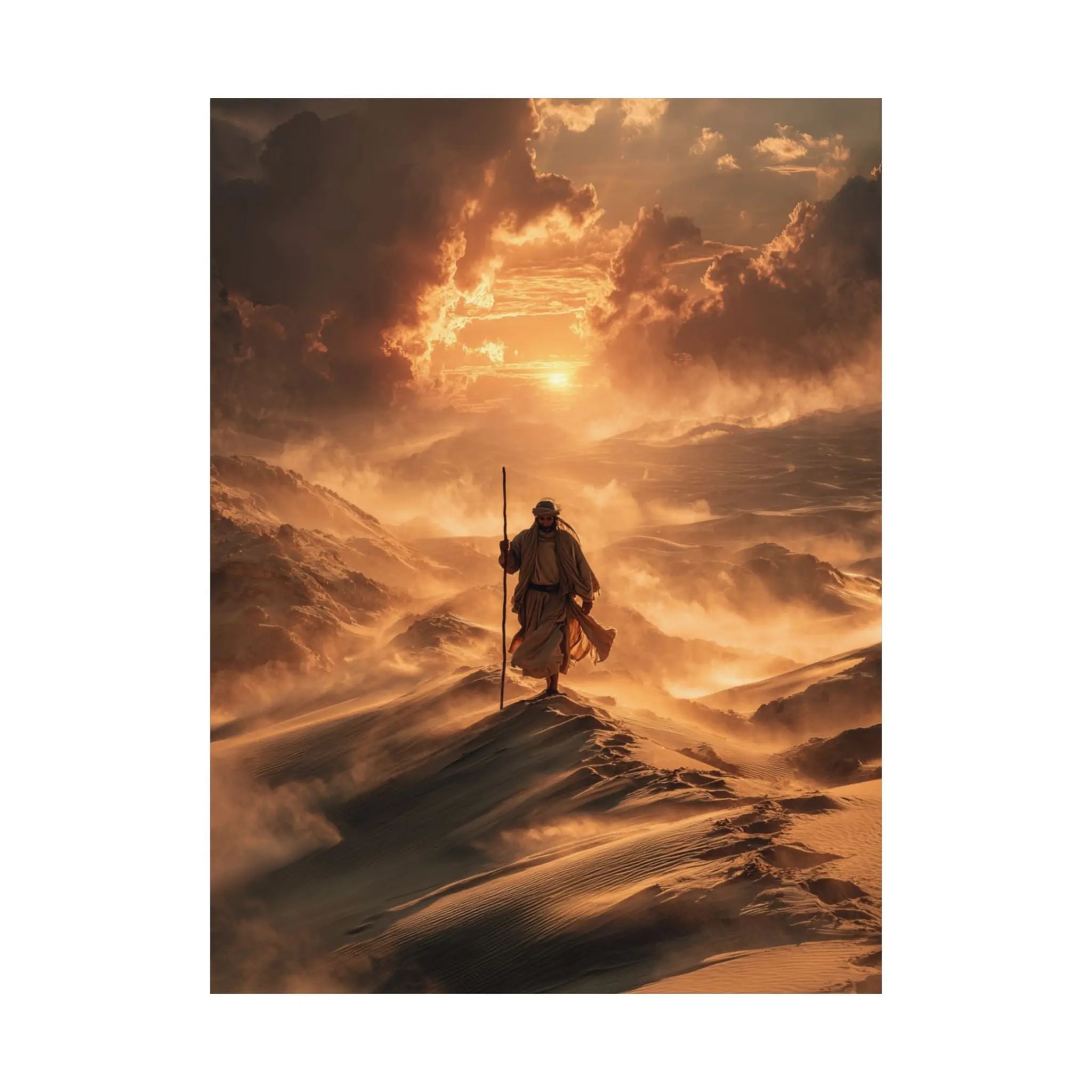 Satin Poster — Jesus on Fiery Dunes Sunset Wall Art Printify
