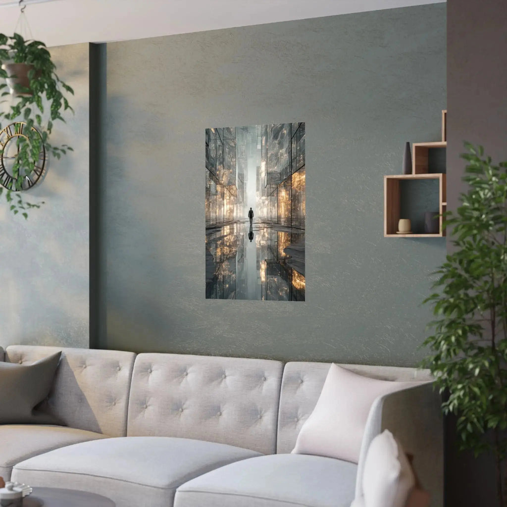 Futuristic Cityscape Satin Poster — Reflective Urban Night Art Print Printify