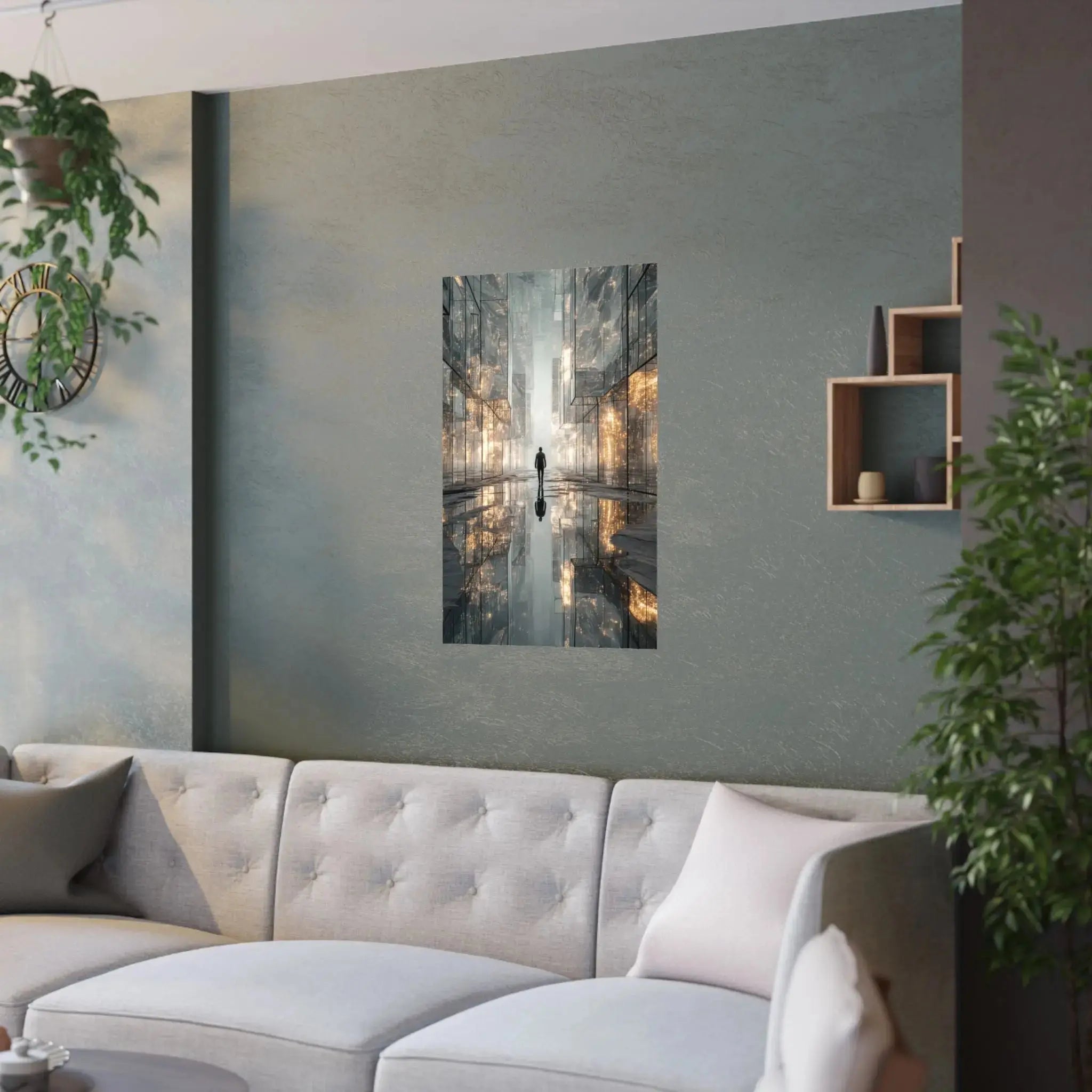 Futuristic Cityscape Satin Poster — Reflective Urban Night Art Print Printify