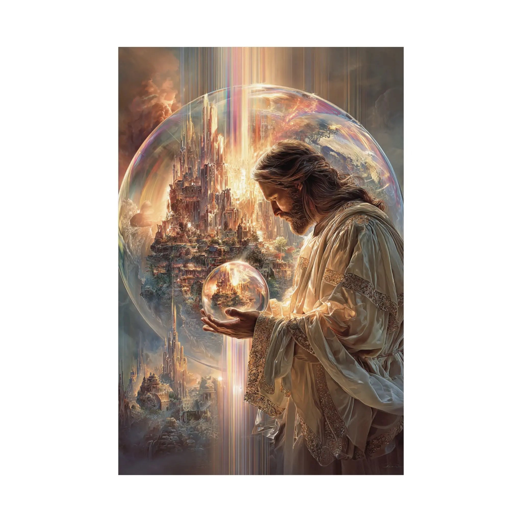 Satin Poster — Jesus The Spiritual Guardian Holding Lighted Globe (210gsm) Printify