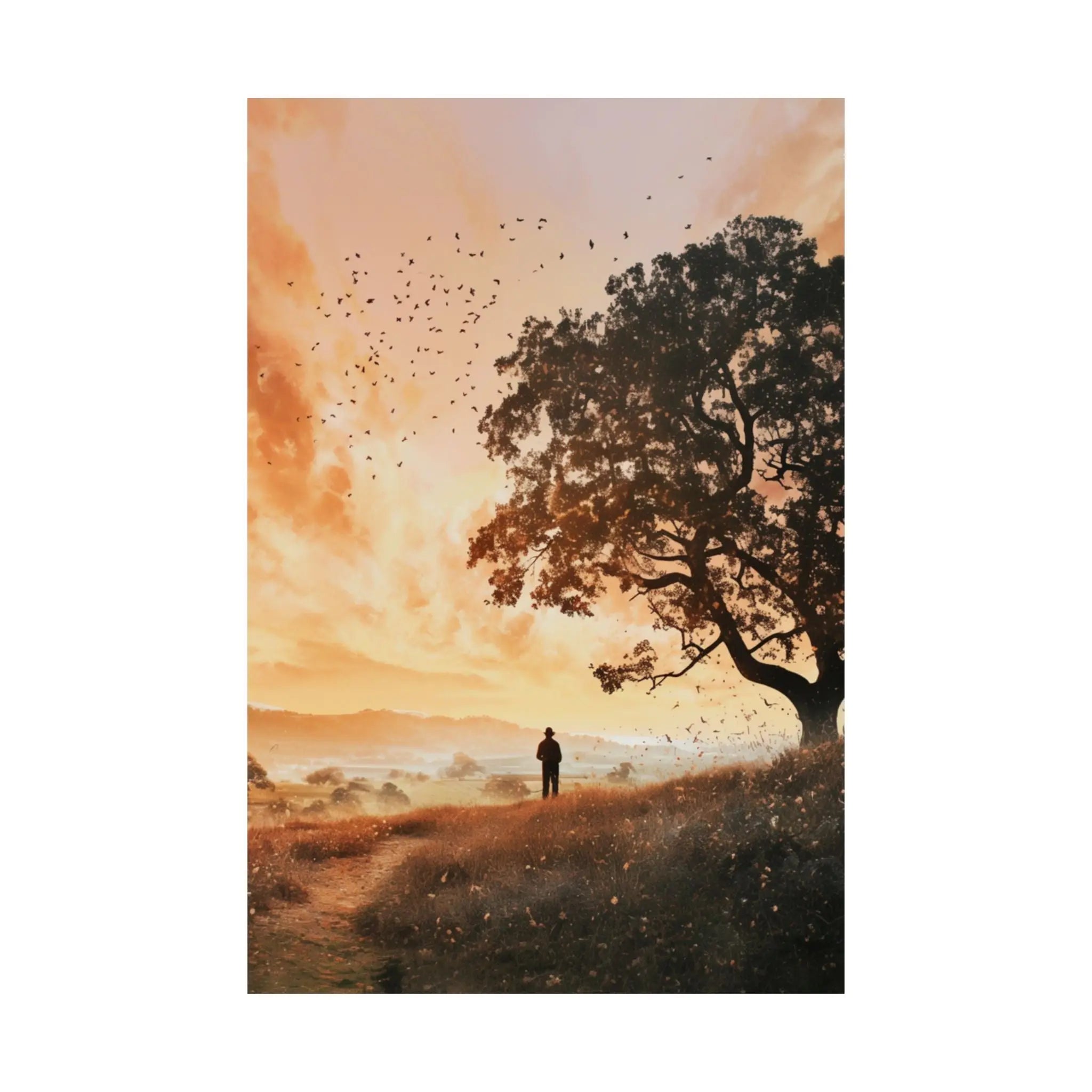 Sunset Solitude Satin Poster — Golden Sunset Tree Landscape Wall Art Printify