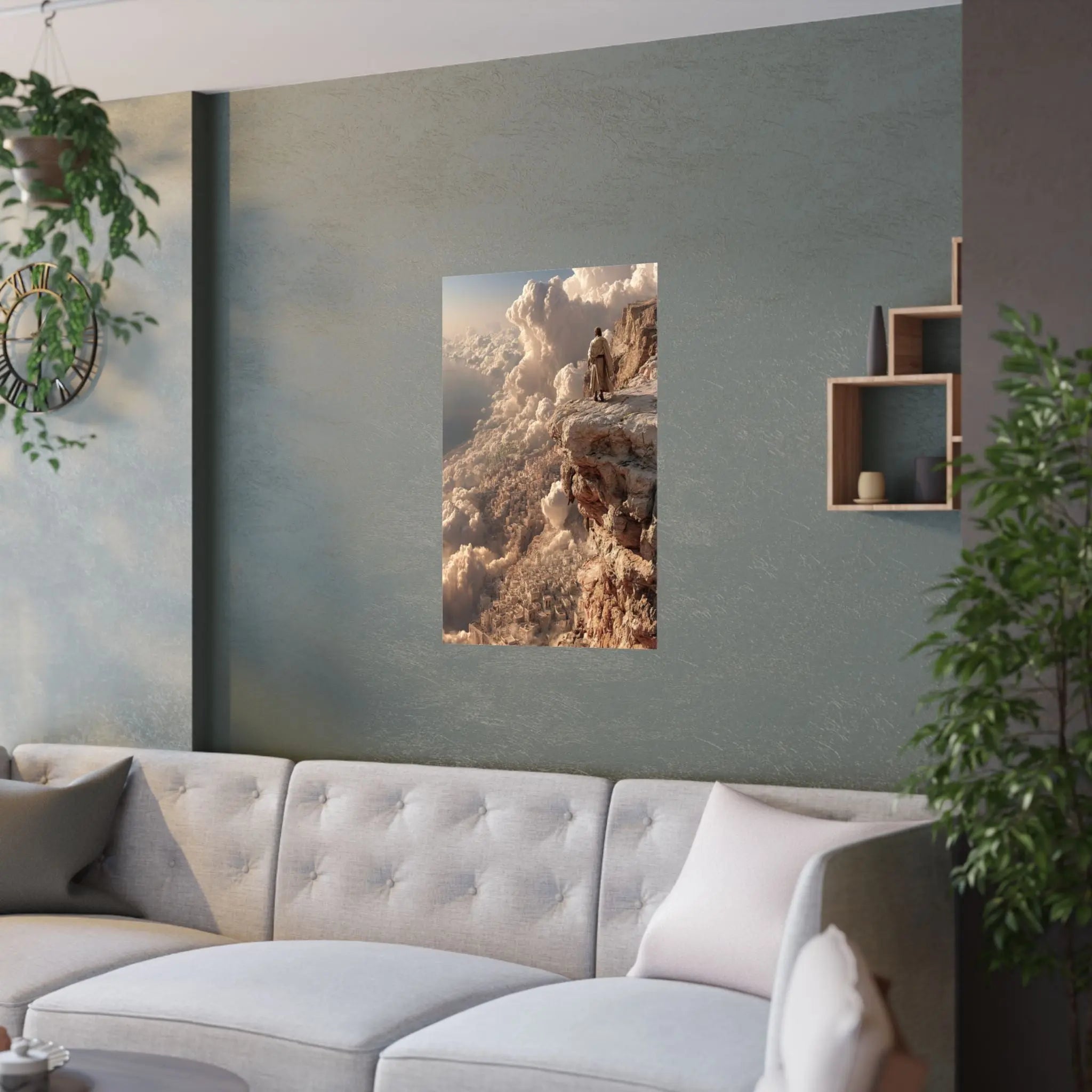 Satin Poster — Solitary Figure on Cliff Above Golden Clouds (210gsm) Printify