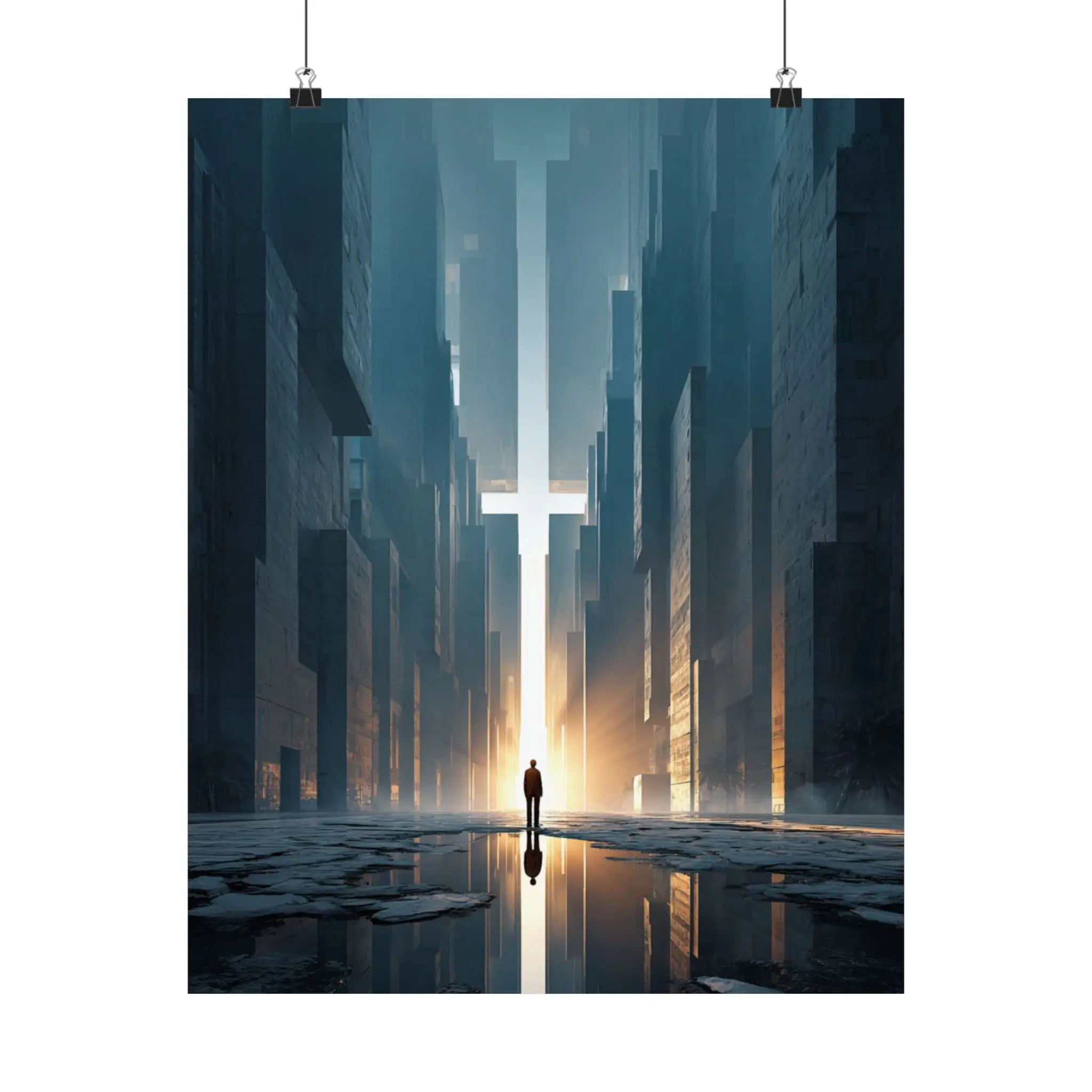 Satin Poster — Solitary Figure in Futuristic Cityscape (210gsm) Printify