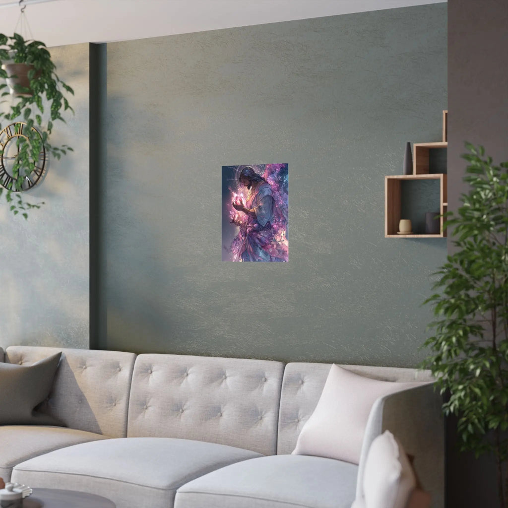 Satin Poster — Radiant Christ Holding Heart Illustration (210gsm) Printify