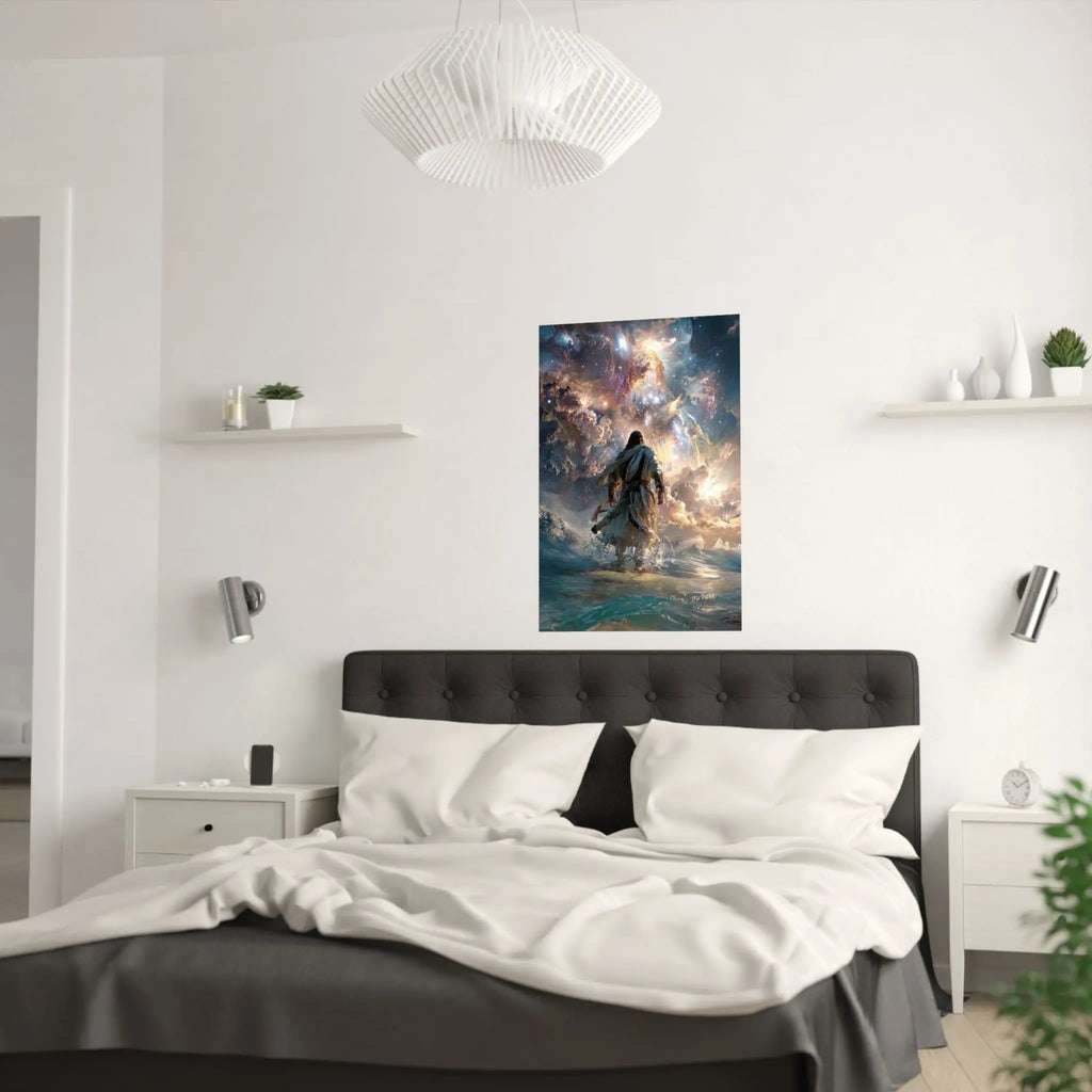 Religious Satin Poster — 'Walking on Water' Inspirational Wall Art Printify