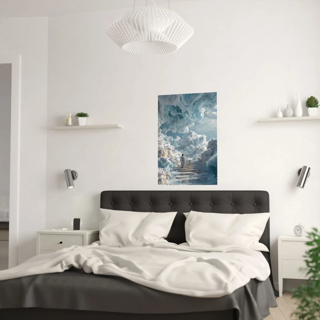 Heavenly Stairway Satin Poster — Ethereal Cloudscape Wall Art Printify