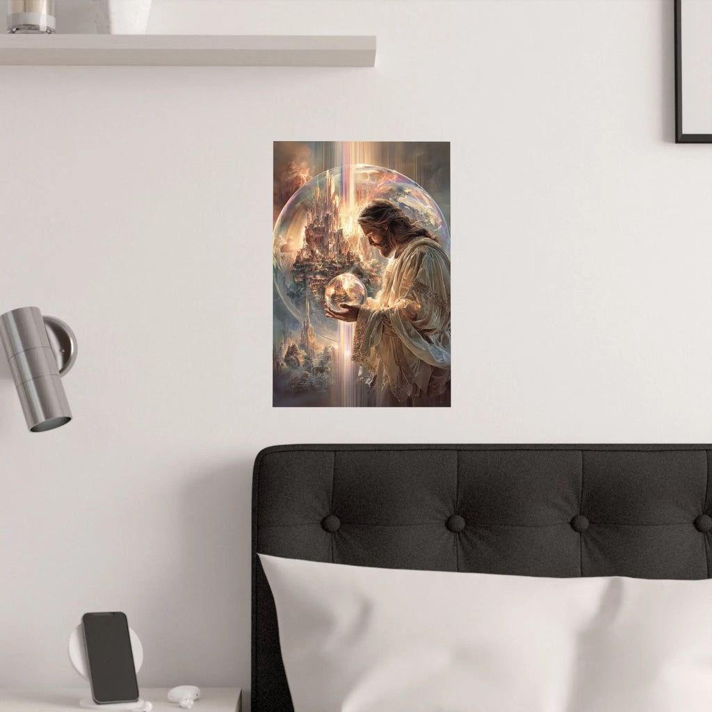 Satin Poster — Jesus The Spiritual Guardian Holding Lighted Globe (210gsm) Printify