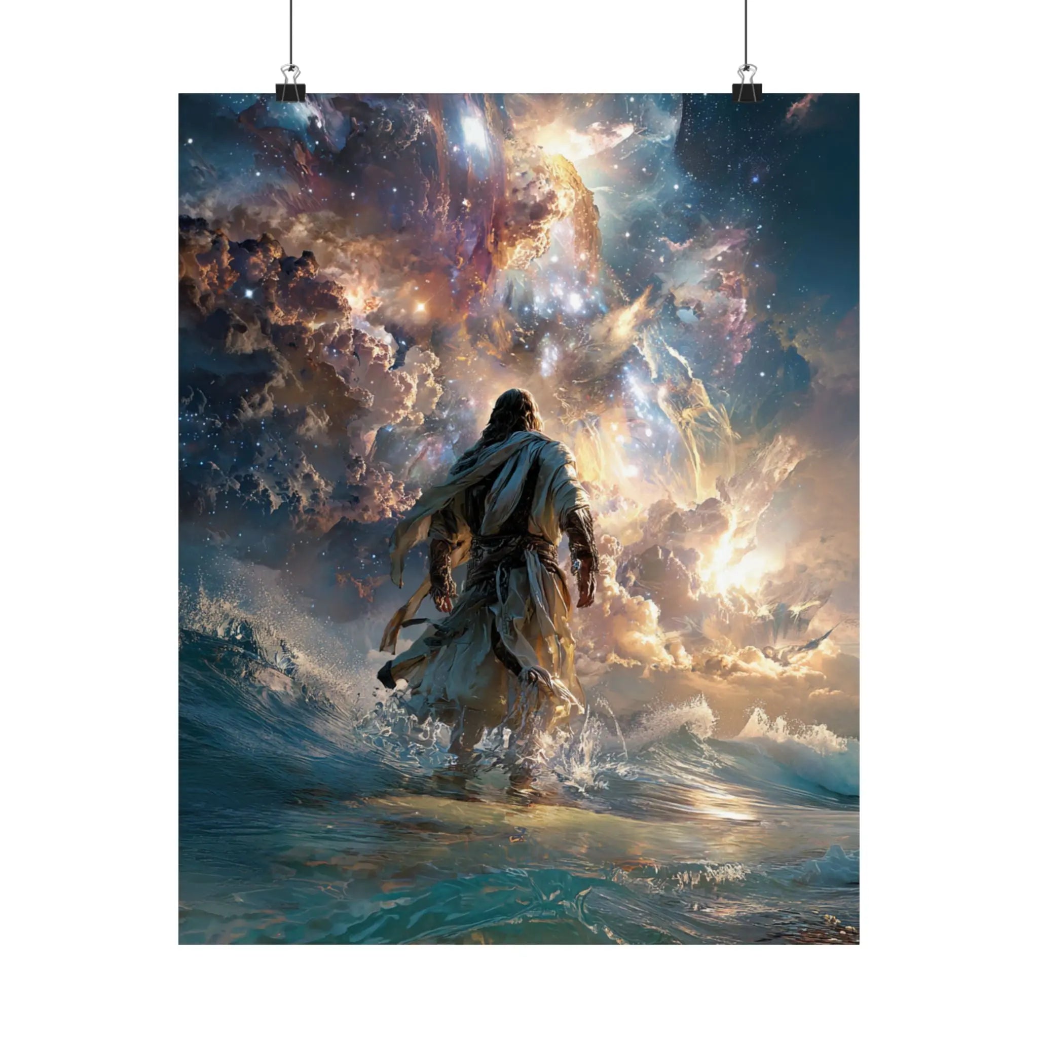 Religious Satin Poster — 'Walking on Water' Inspirational Wall Art Printify