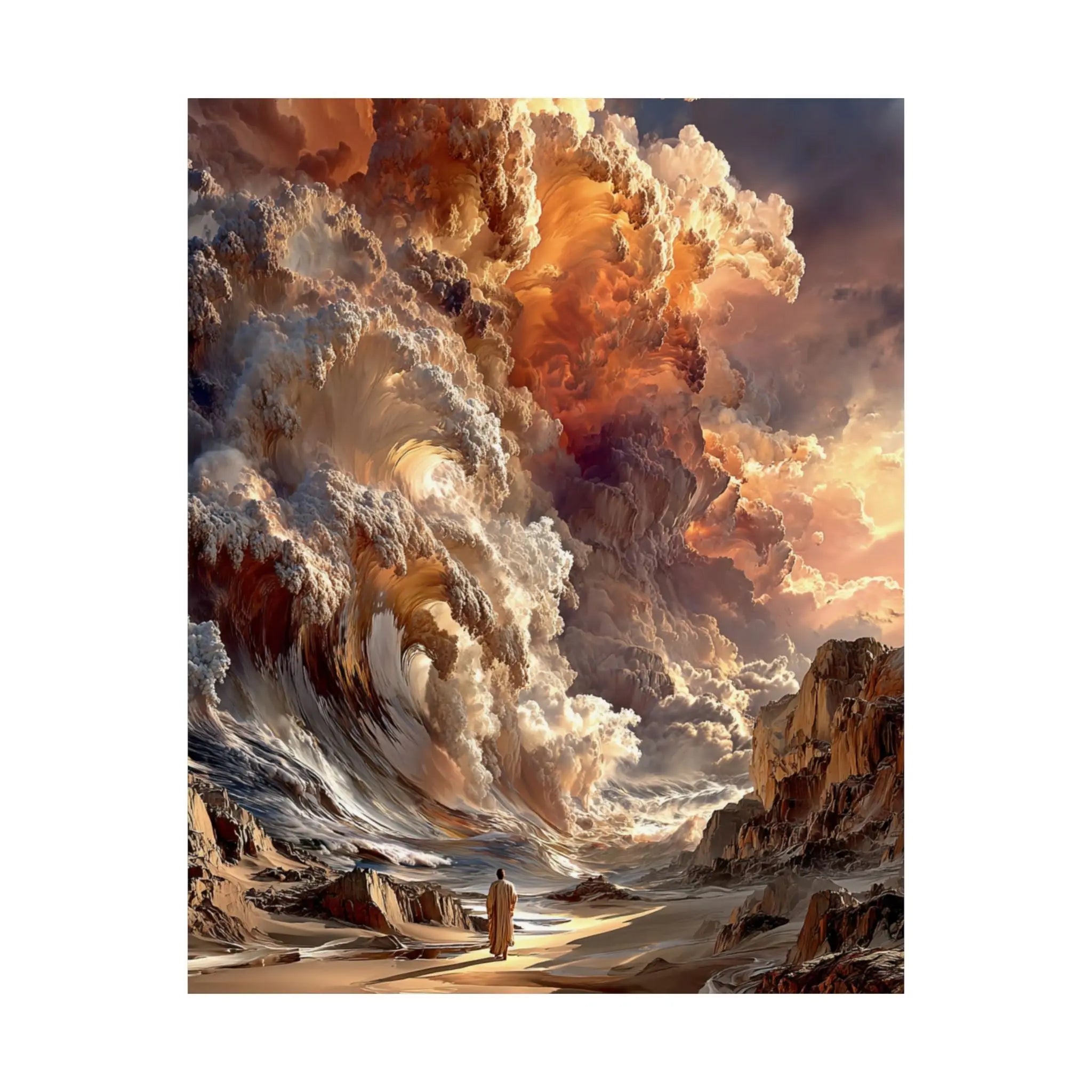 Epic Fantasy Cloudscape Satin Poster — Lone Wanderer in Fiery Sky (210gsm) Printify