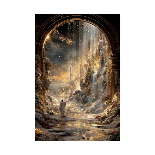 Celestial Gateway Satin Poster — Ethereal Golden Landscape Wall Art