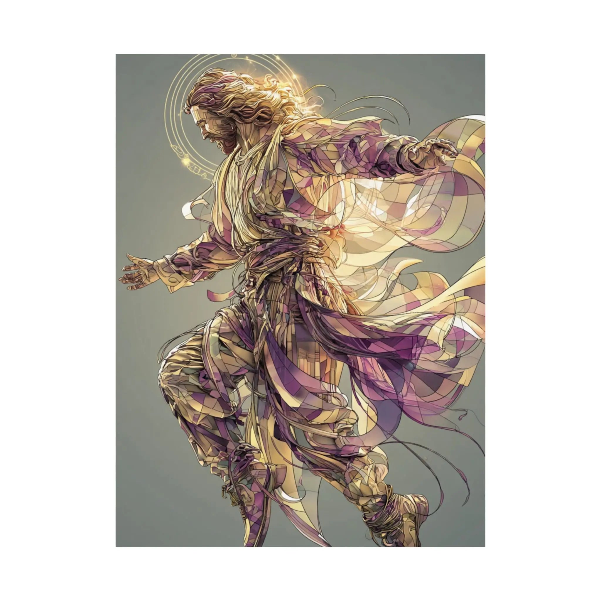 Jesus Christ Satin Poster — Ethereal Gold & Purple Religious Wall Art Printify