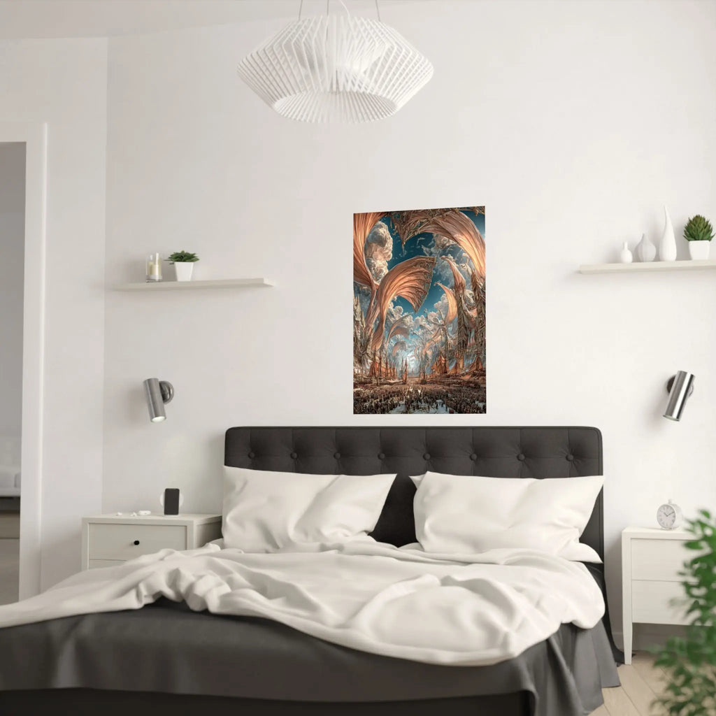 Surreal Cityscape Satin Poster — Dreamlike Bronze Canopy Art Print Printify