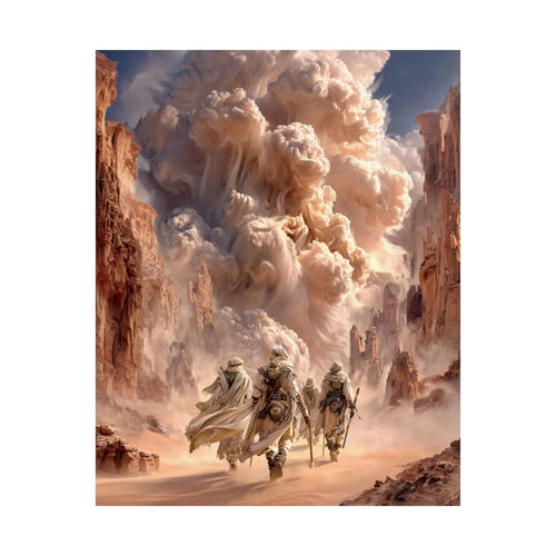 Desert Pilgrimage Satin Poster — Dramatic Sandstorm Fantasy Wall Art Printify