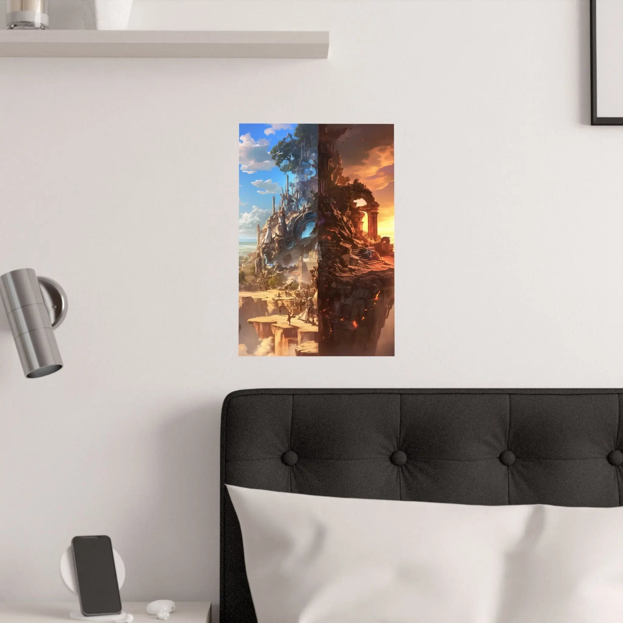 Fantasy Split-World Satin Poster (210gsm) — Day & Night Landscape Art Print Printify