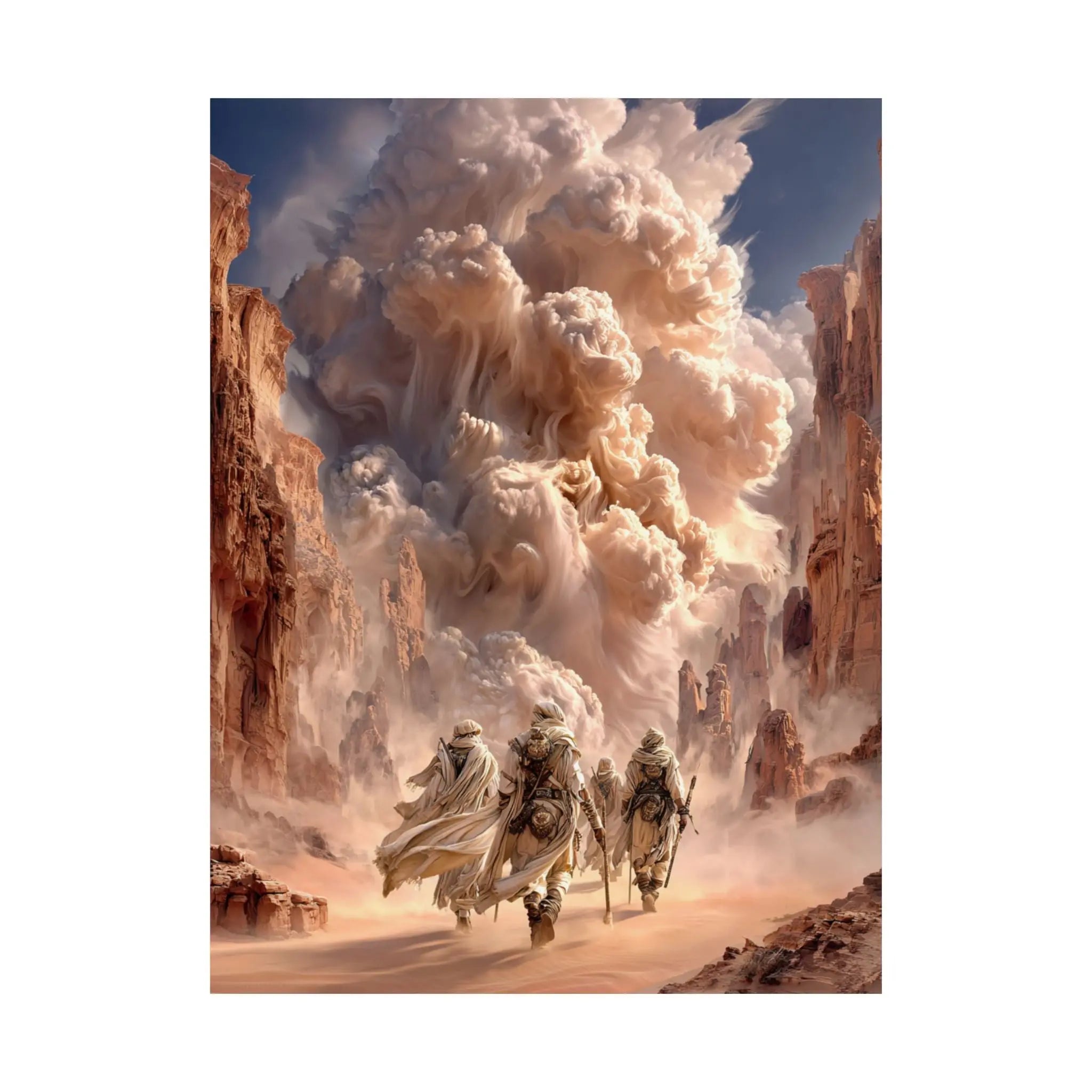 Desert Pilgrimage Satin Poster — Dramatic Sandstorm Fantasy Wall Art Printify