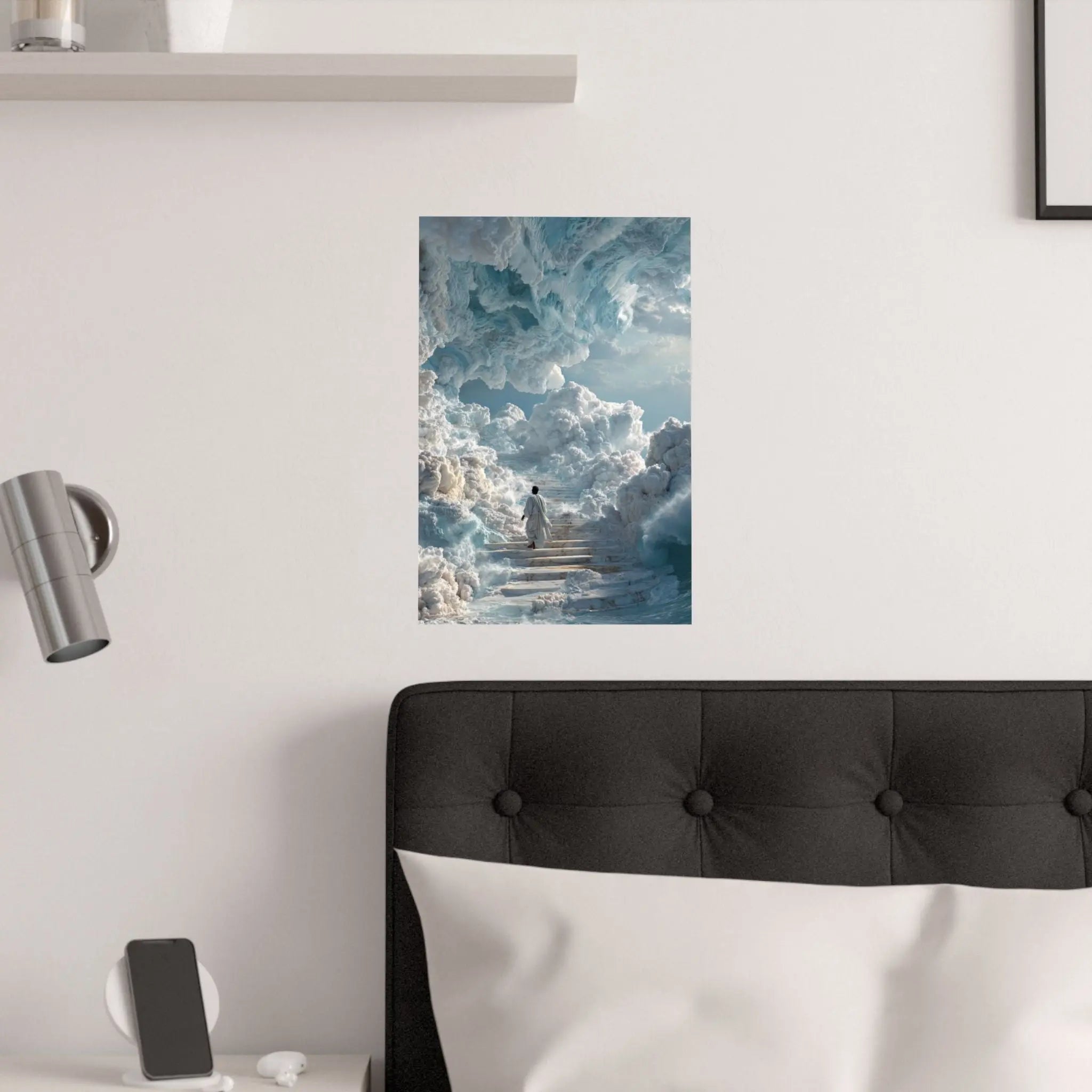 Heavenly Stairway Satin Poster — Ethereal Cloudscape Wall Art Printify