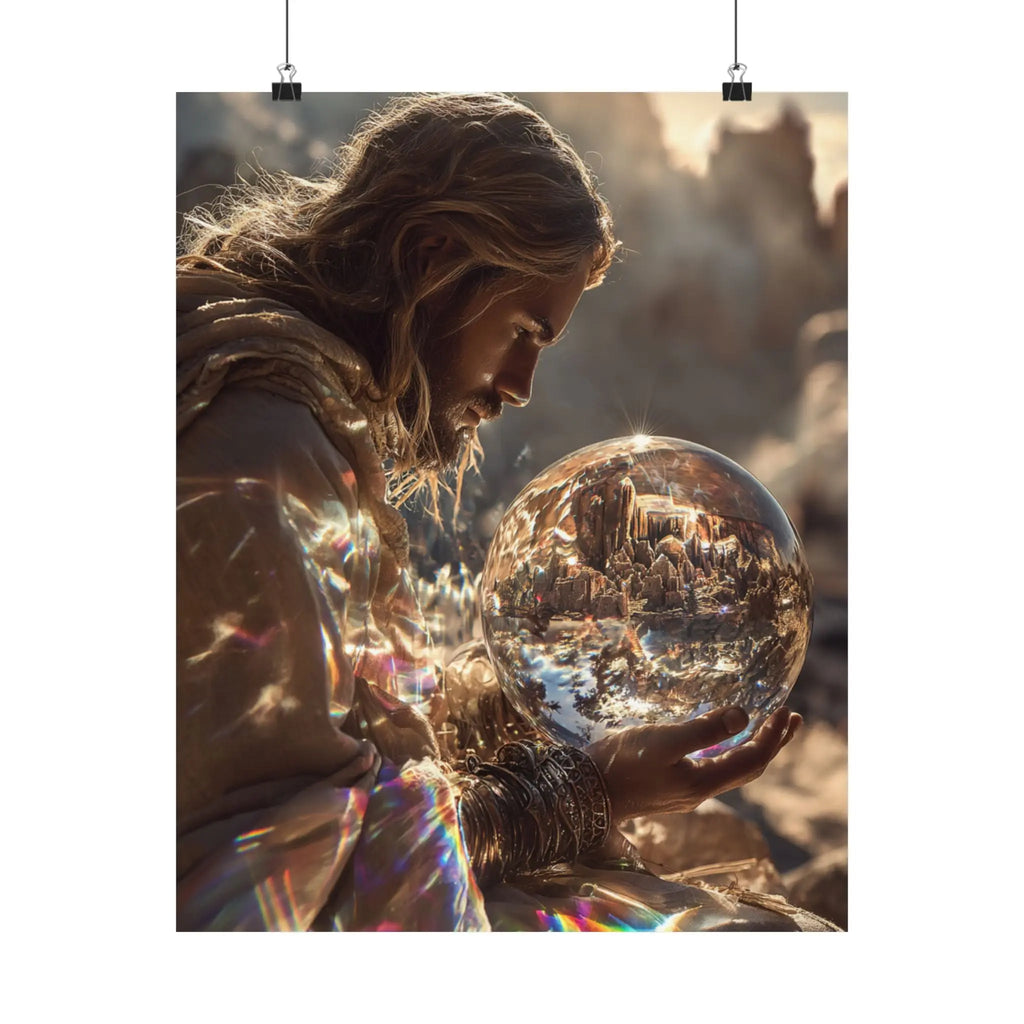 Satin Poster — Mystic Jesus Holding Crystal Orb Art Print Printify