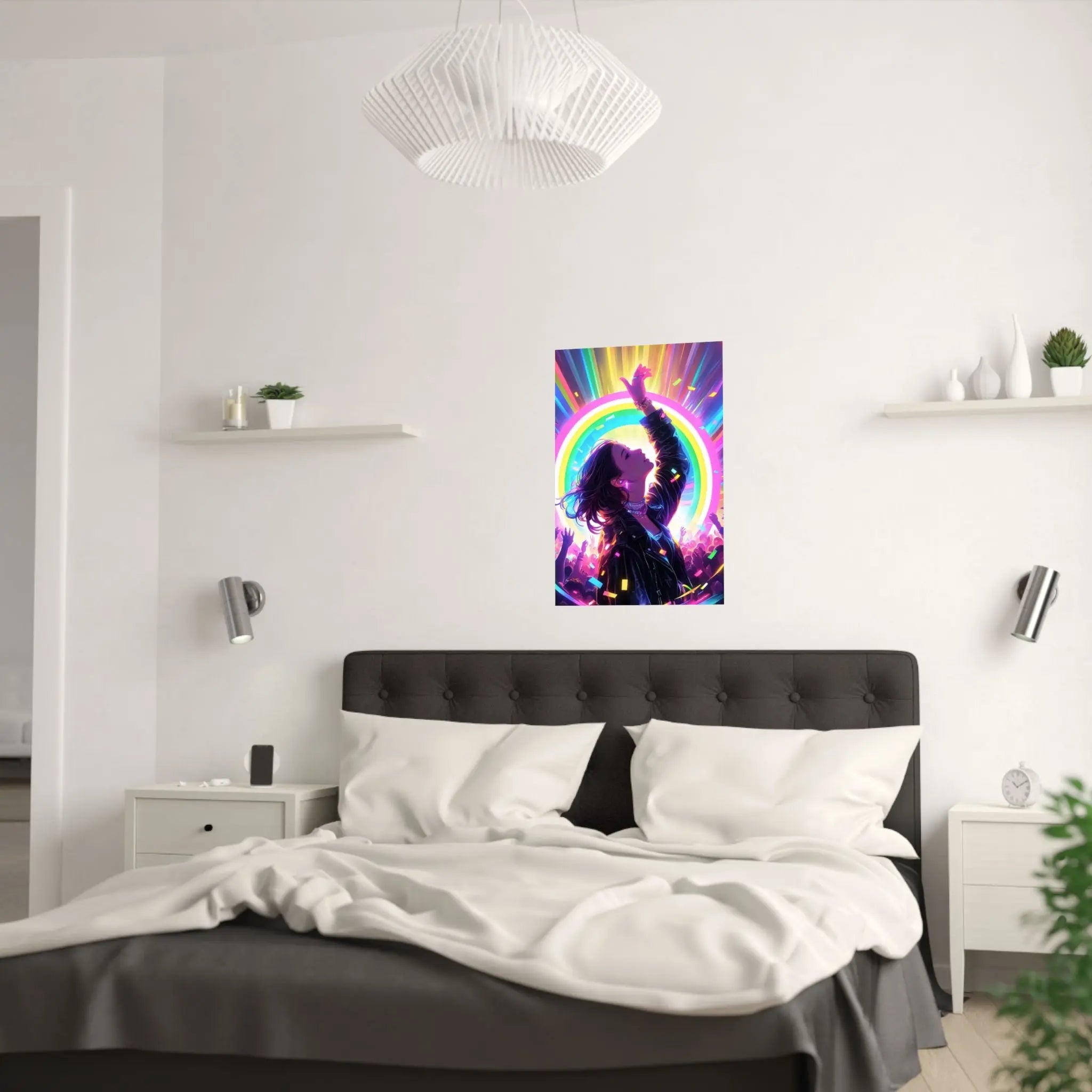 Satin Poster — Neon Concert Girl Rainbow Art Print Printify