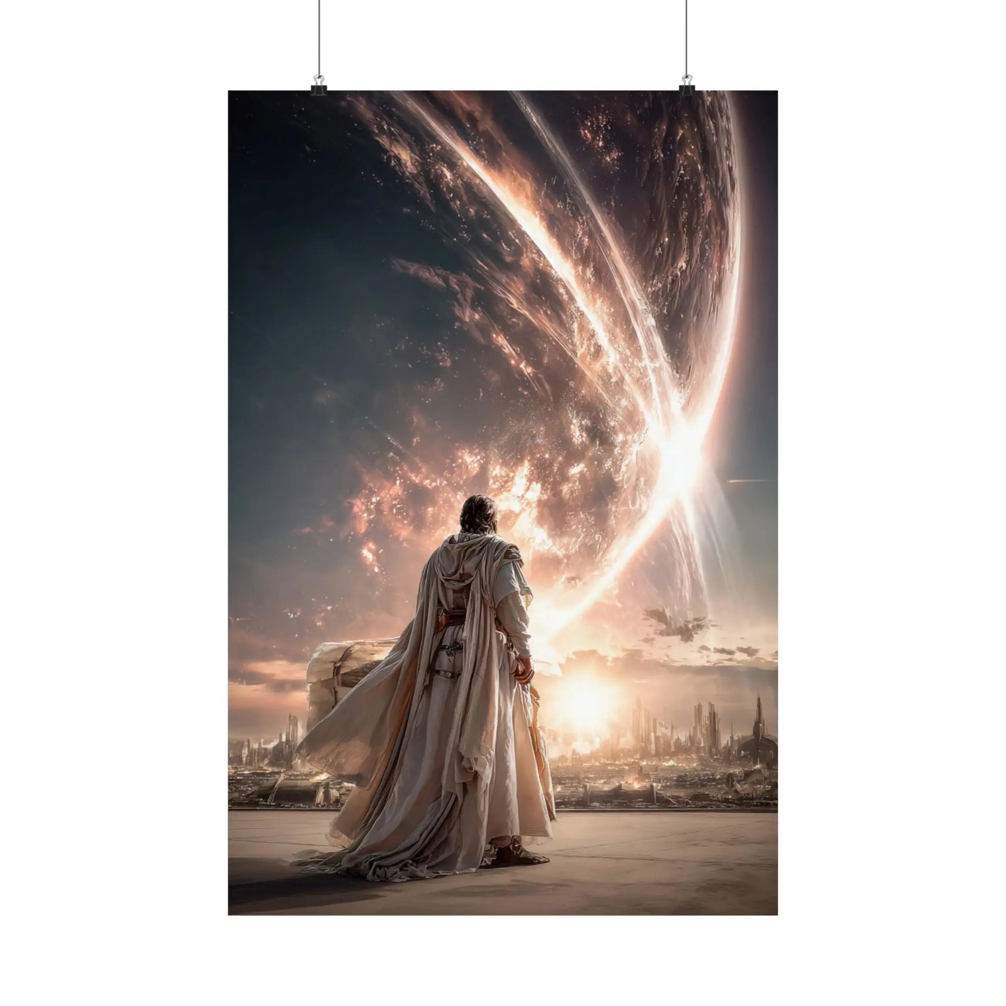 Epic Sci‑Fi Poster — Lone Figure Walking Toward Stellar City (Satin 210gsm) Printify
