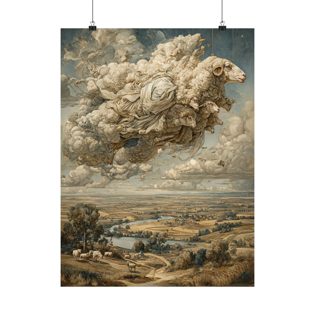 Surreal Cloud Sheep Satin Poster — Dreamscape Landscape Art Print Printify