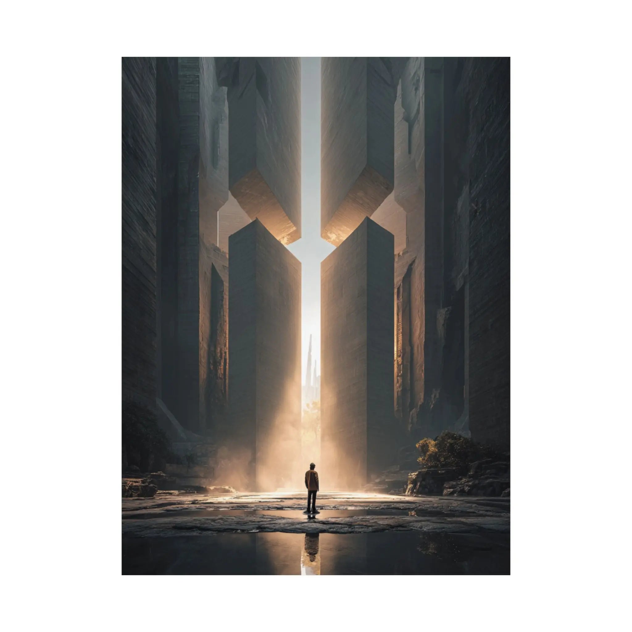 Satin Poster — Solitary Figure at Golden Gateway (Large Art Print) Printify