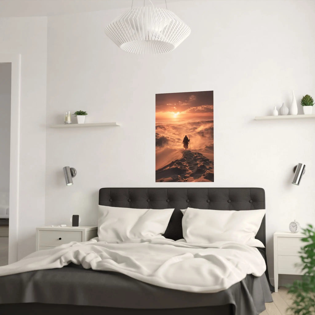 Desert Wanderer Satin Poster — Dramatic Sunset Silhouette Wall Art Printify