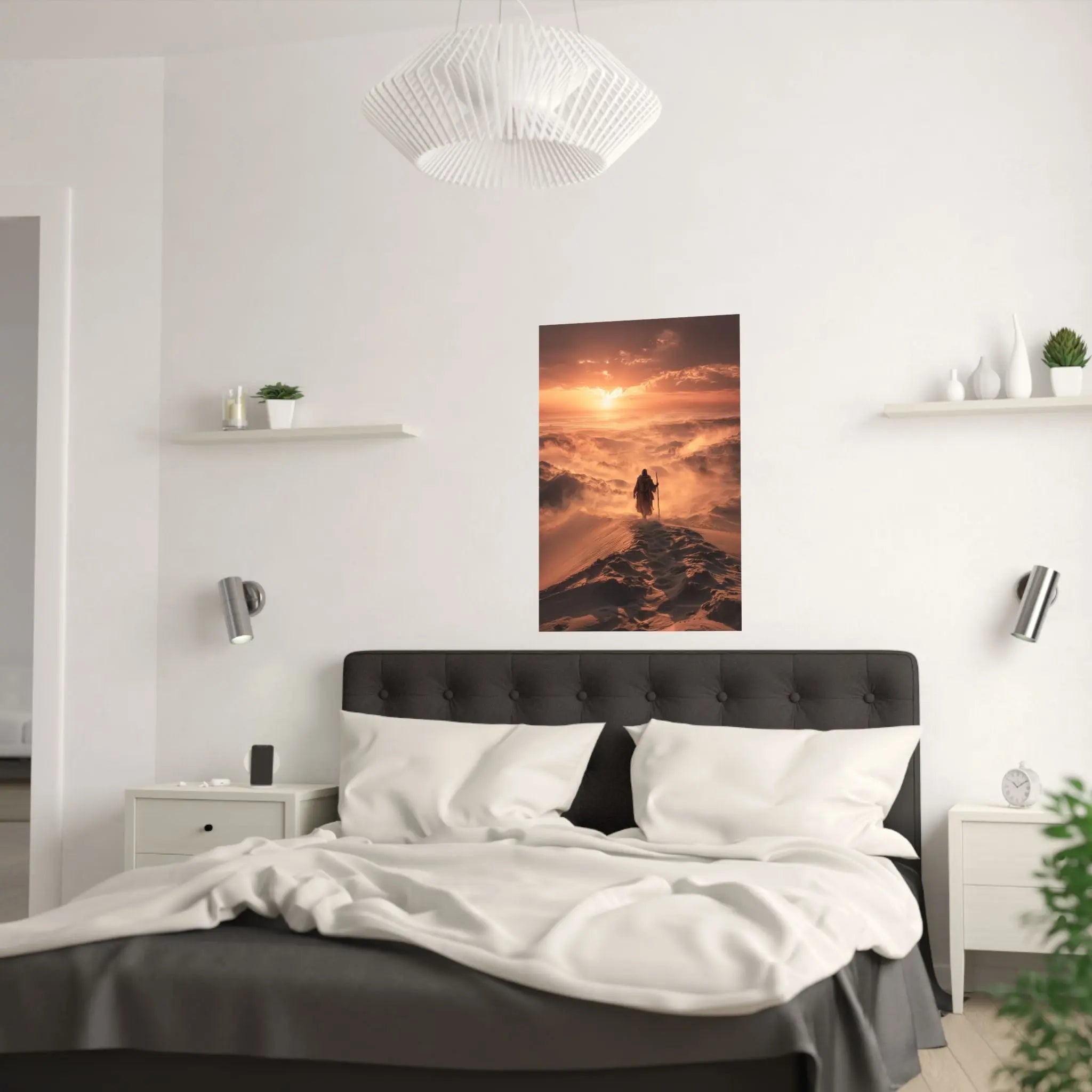 Desert Wanderer Satin Poster — Dramatic Sunset Silhouette Wall Art Printify