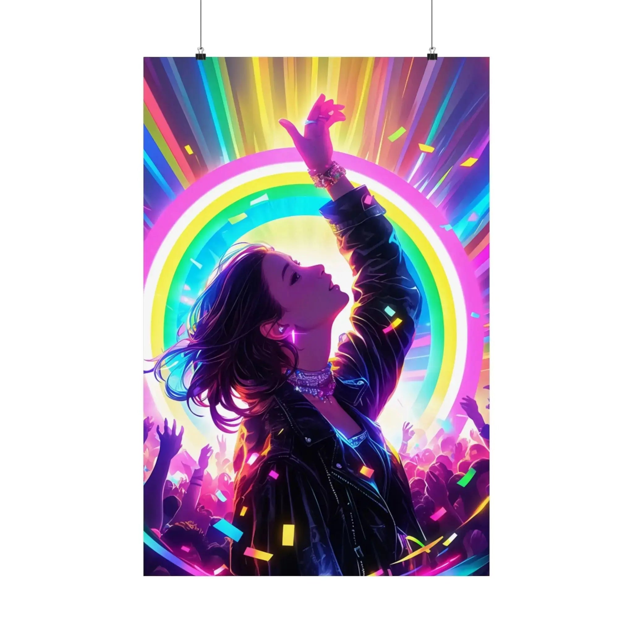 Satin Poster — Neon Concert Girl Rainbow Art Print Printify