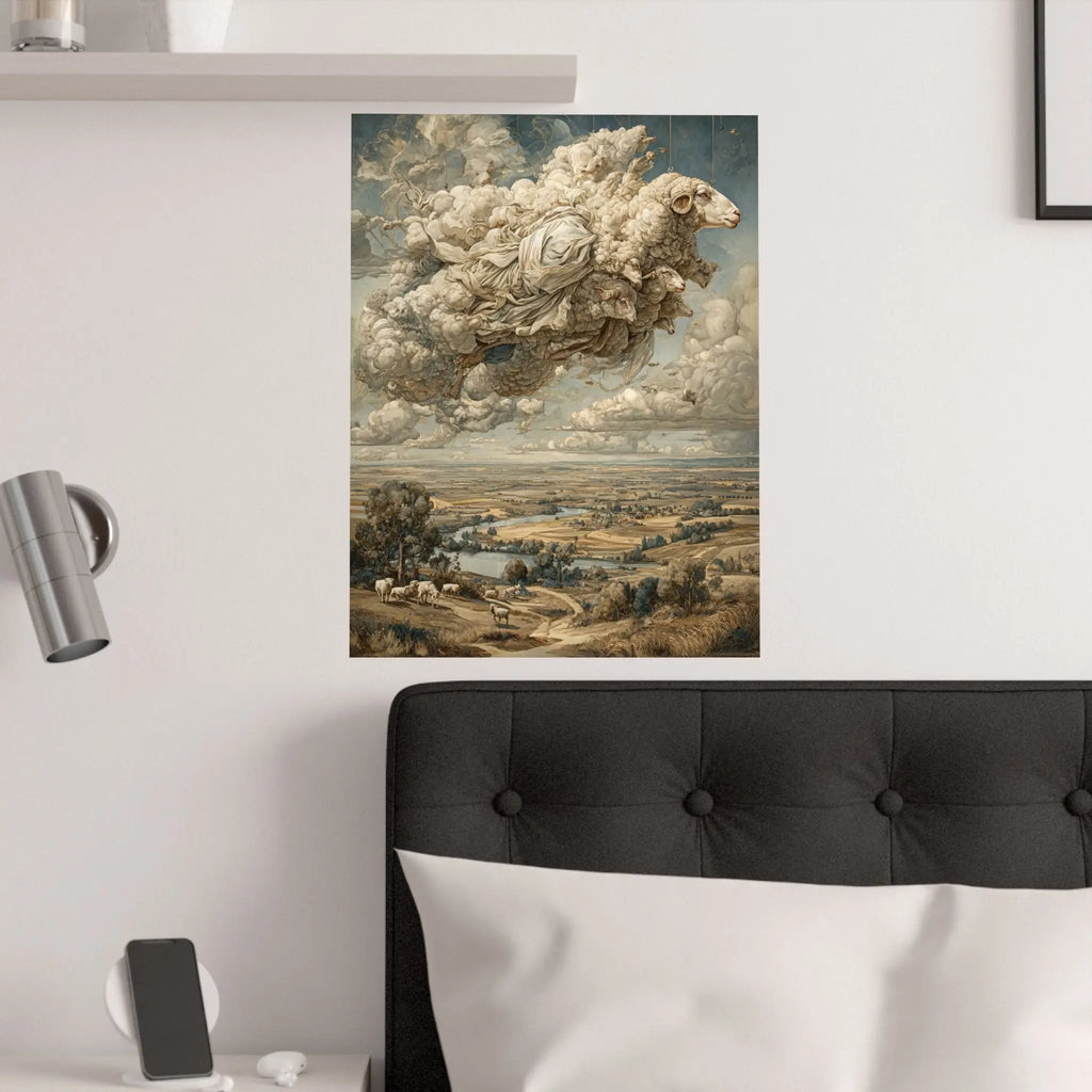 Surreal Cloud Sheep Satin Poster — Dreamscape Landscape Art Print Printify
