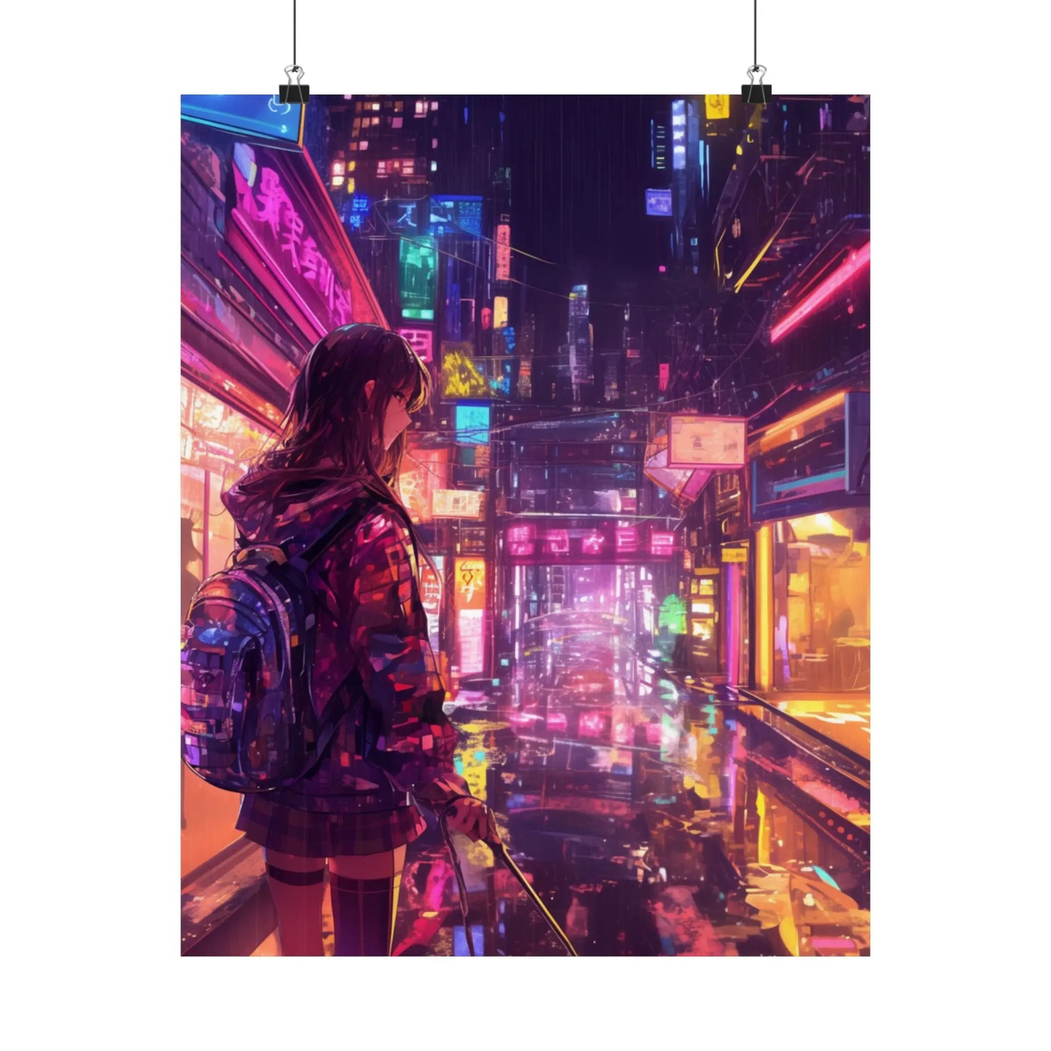 Satin Poster — Neon Cyber City Girl (210gsm) Printify