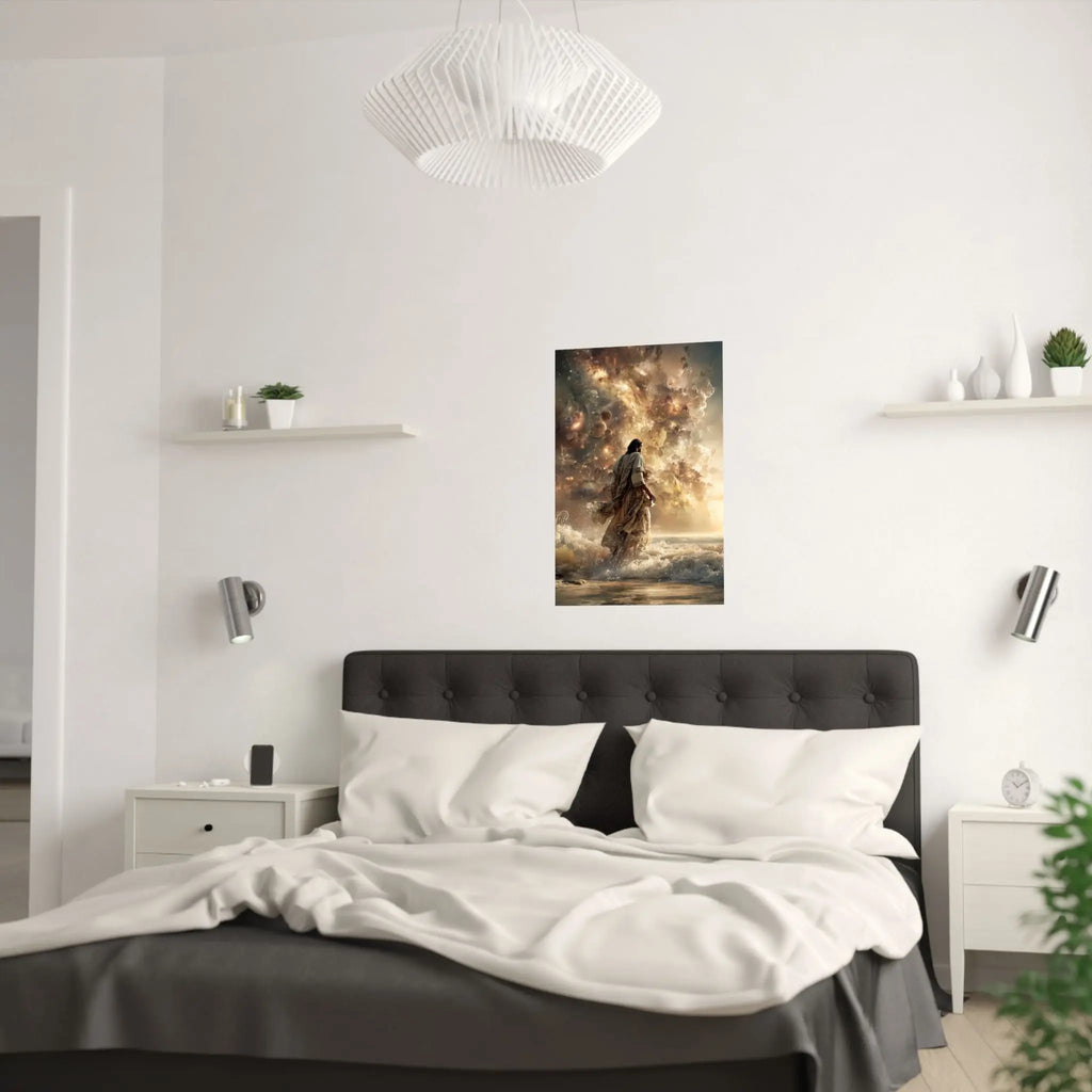 Religious Jesus Walking on Water Satin Poster — Inspirational Christian Wall Art (210gsm) Printify