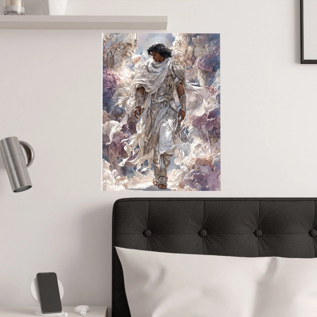 Angelic Figure Satin Poster — Ethereal Cloudscape Wall Art (210gsm) Printify