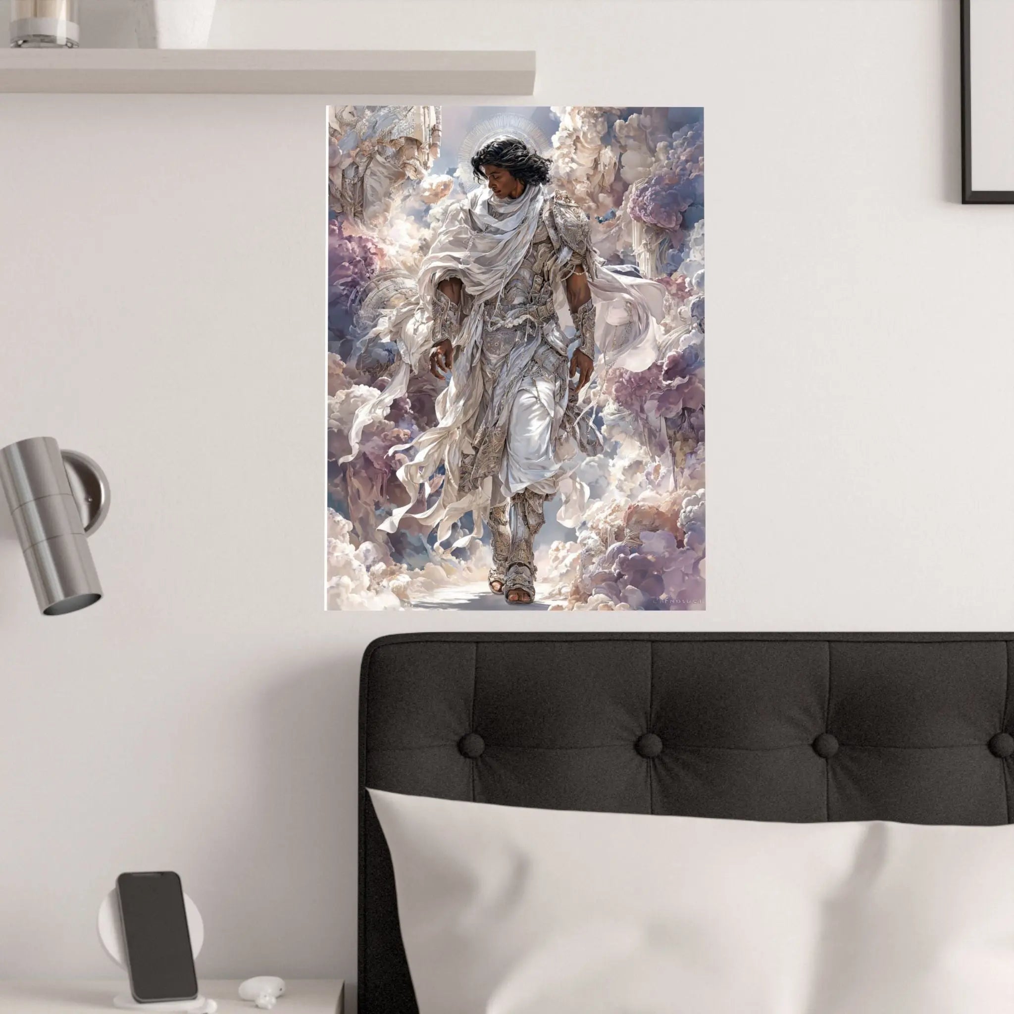 Angelic Figure Satin Poster — Ethereal Cloudscape Wall Art (210gsm) Printify