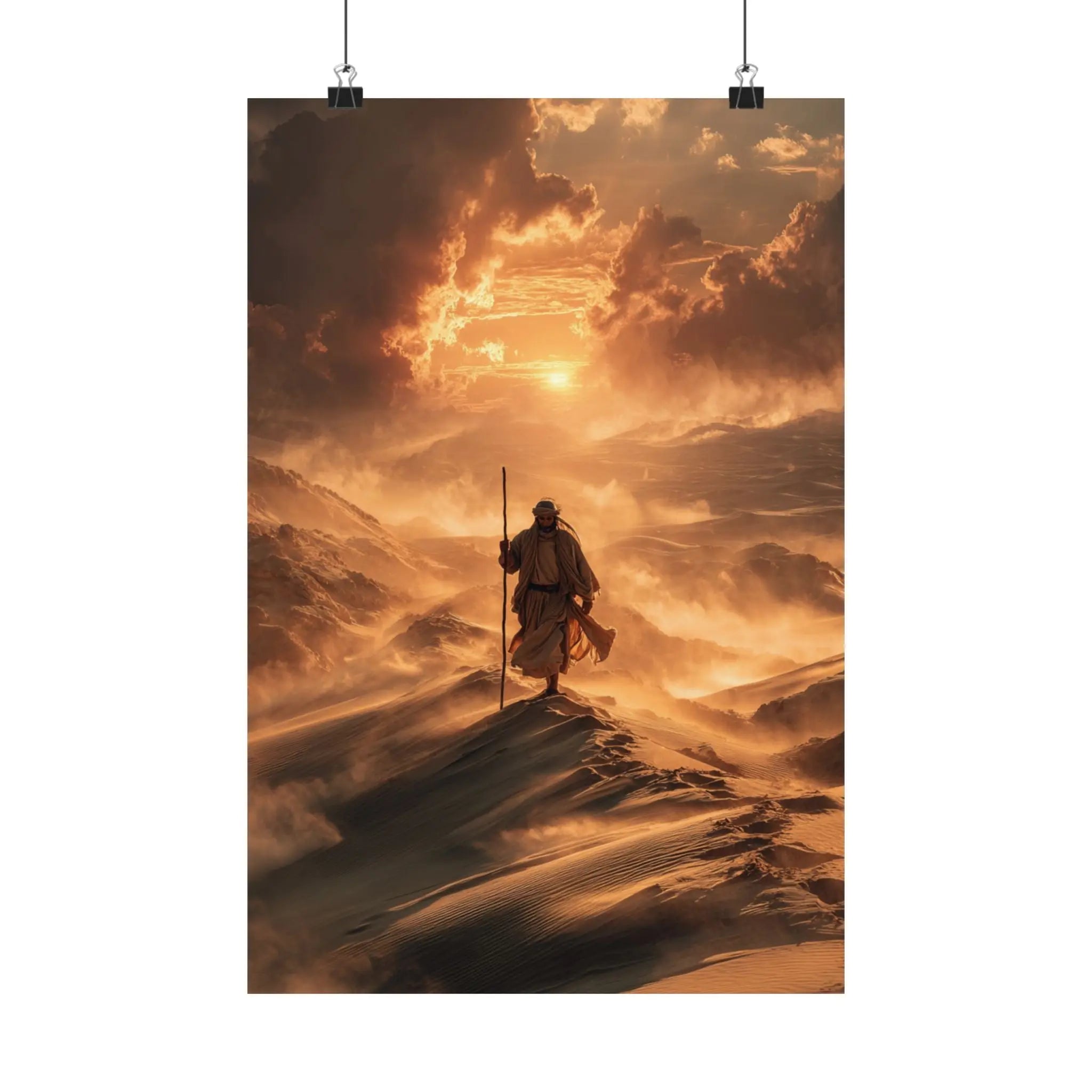 Satin Poster — Jesus on Fiery Dunes Sunset Wall Art Printify