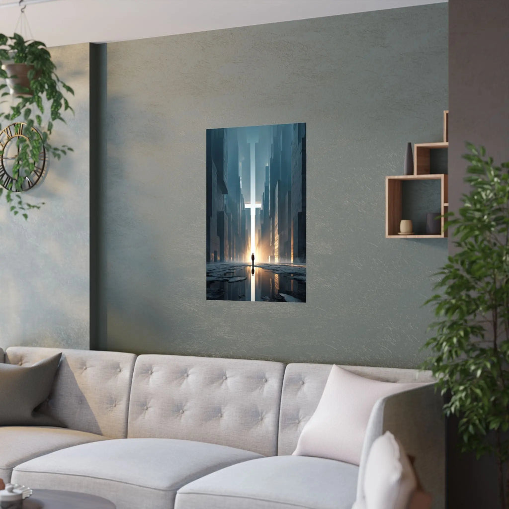 Satin Poster — Solitary Figure in Futuristic Cityscape (210gsm) Printify