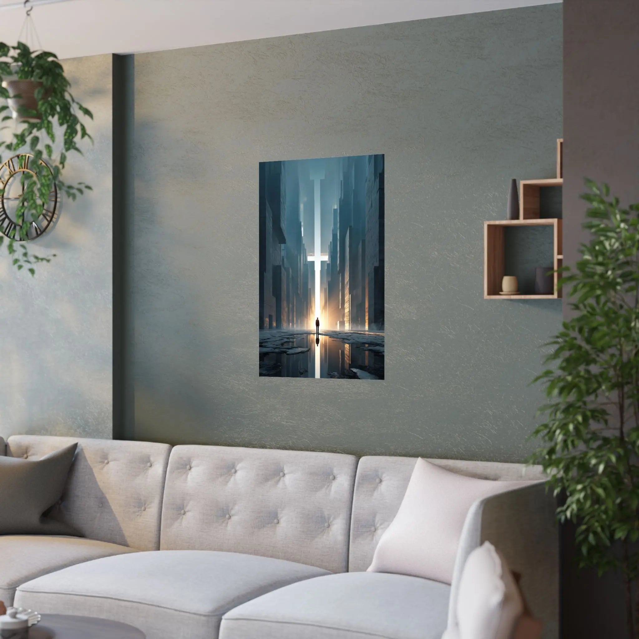 Satin Poster — Solitary Figure in Futuristic Cityscape (210gsm) Printify