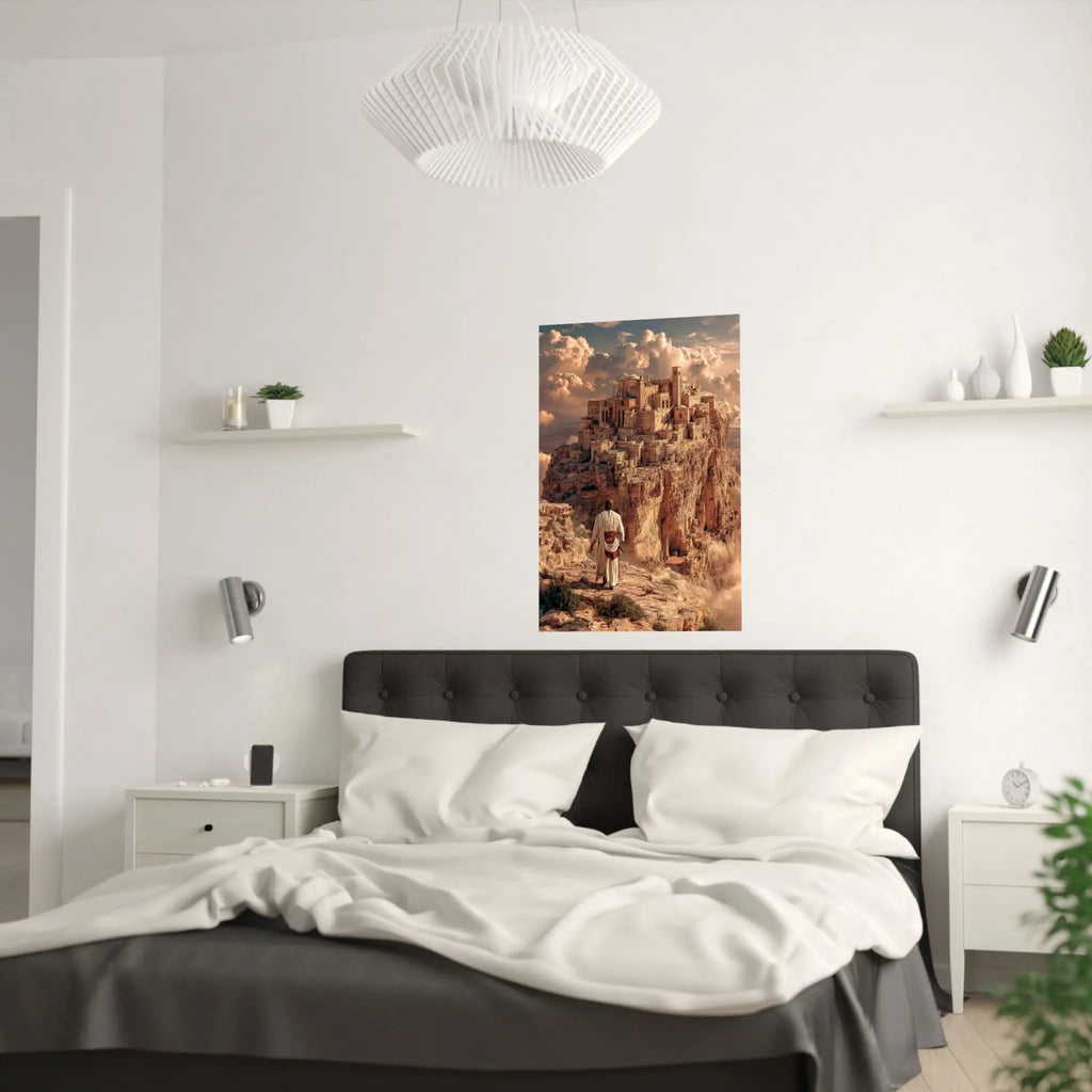 Satin Poster — Pilgrim Journey to Ancient Cliff City (210gsm) Printify