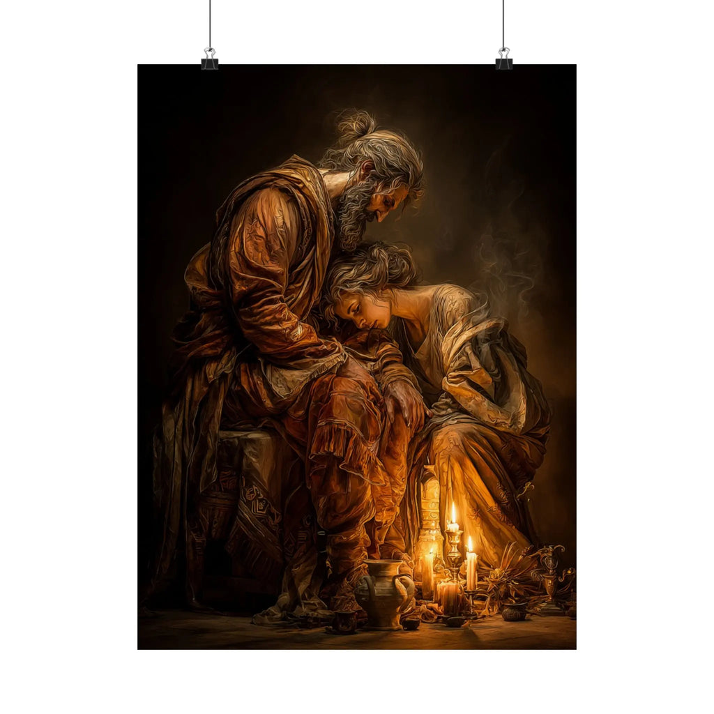 Satin Poster — Tender Candlelit Embrace Vintage Biblical Art Print Printify