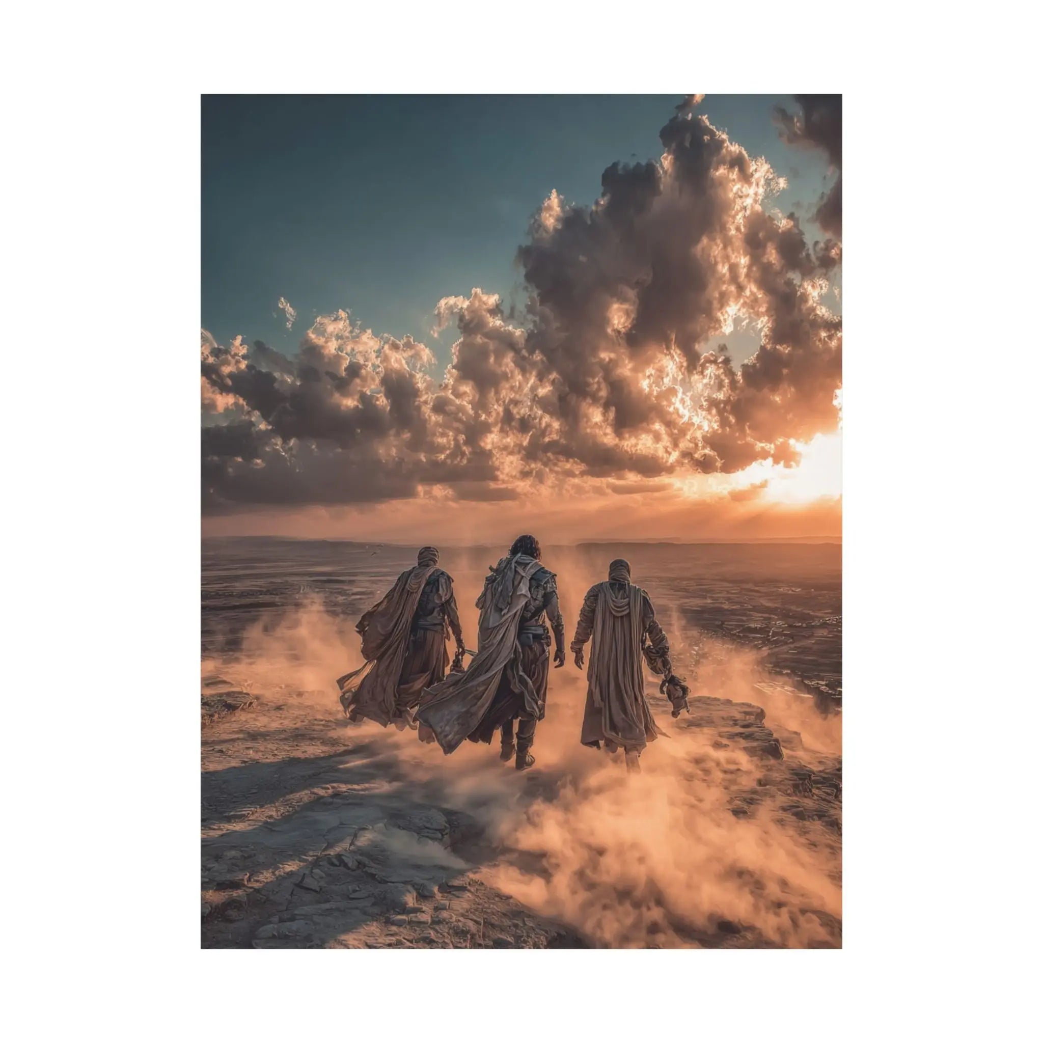 Desert Wanderers Satin Poster – Cinematic Sunset Adventure Wall Art Printify