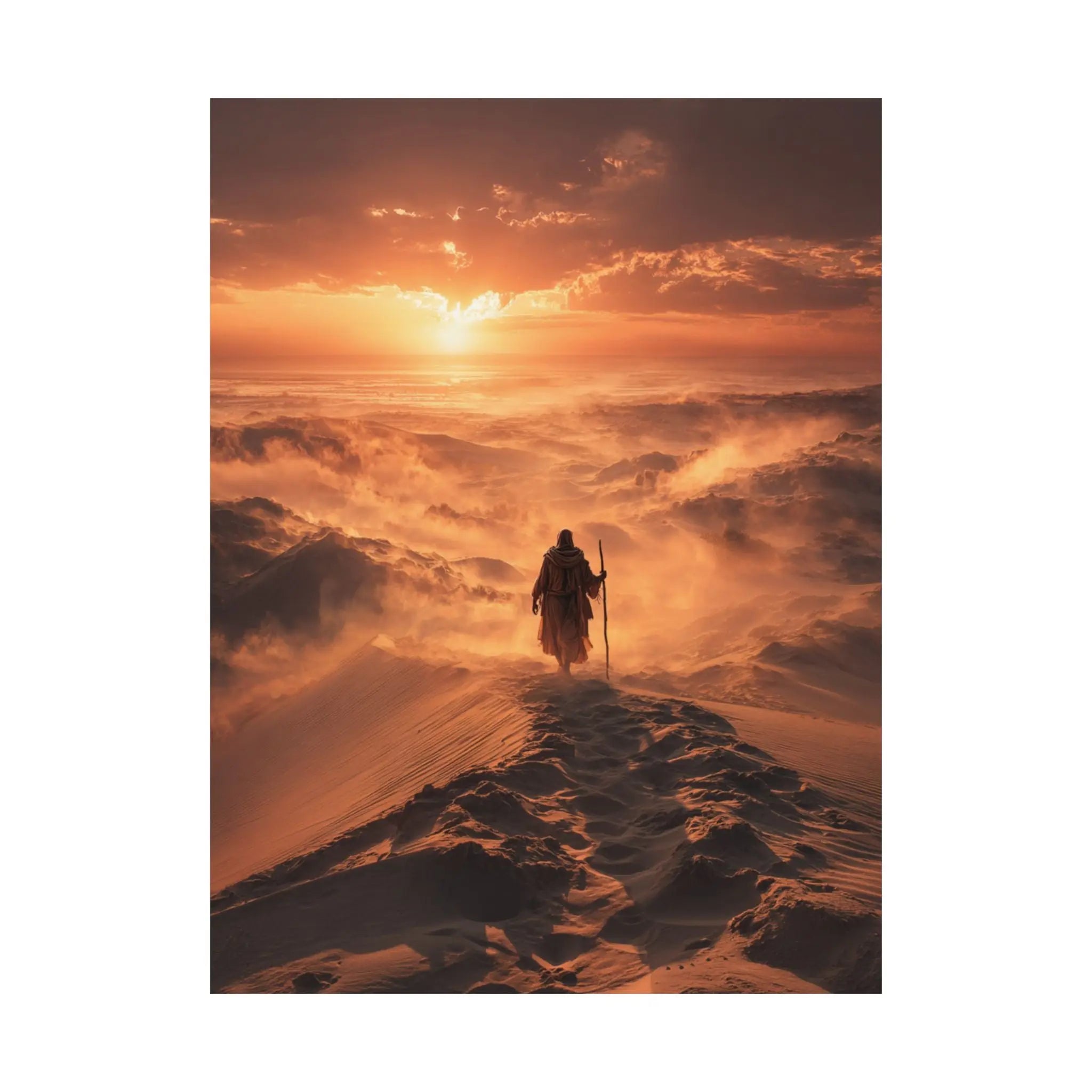Desert Wanderer Satin Poster — Dramatic Sunset Silhouette Wall Art Printify