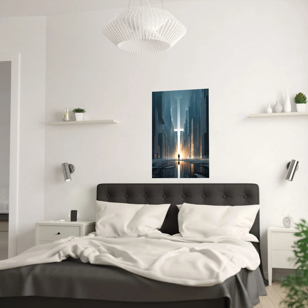 Satin Poster — Solitary Figure in Futuristic Cityscape (210gsm) Printify