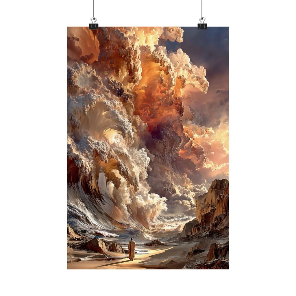 Epic Fantasy Cloudscape Satin Poster — Lone Wanderer in Fiery Sky (210gsm) Printify
