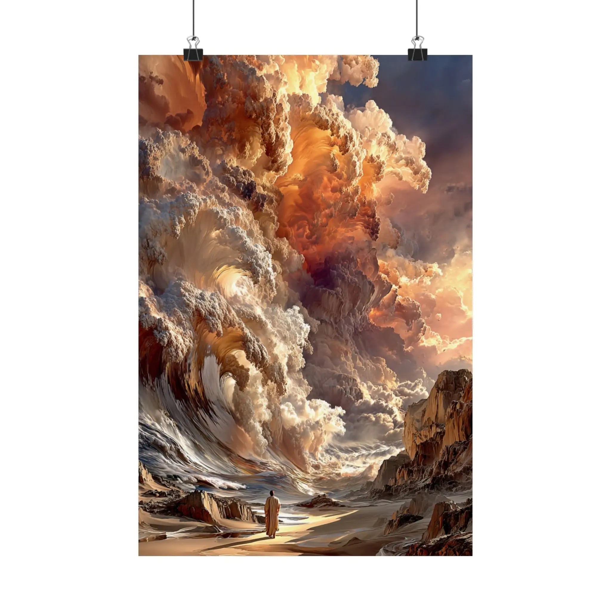 Epic Fantasy Cloudscape Satin Poster — Lone Wanderer in Fiery Sky (210gsm) Printify