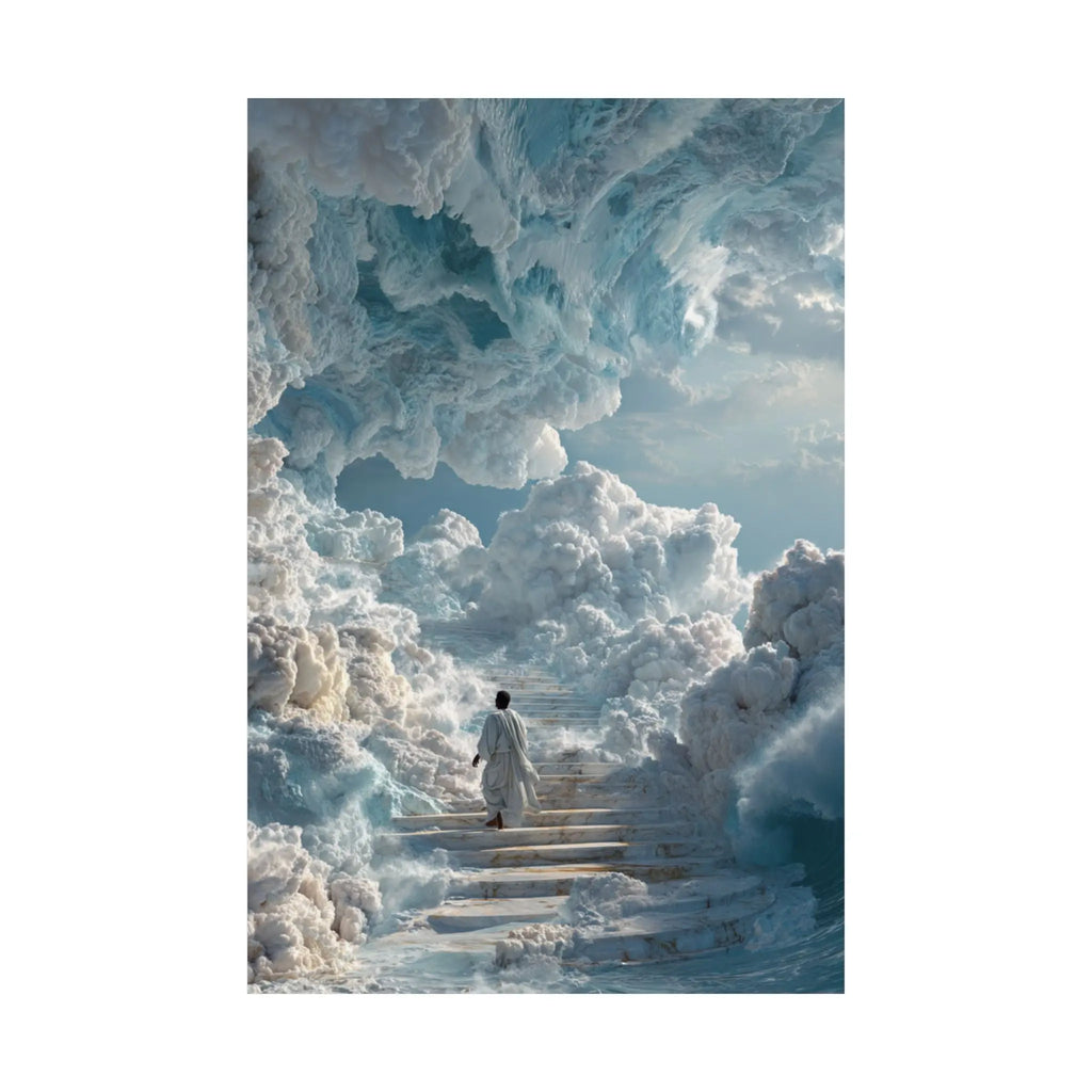 Heavenly Stairway Satin Poster — Ethereal Cloudscape Wall Art Printify