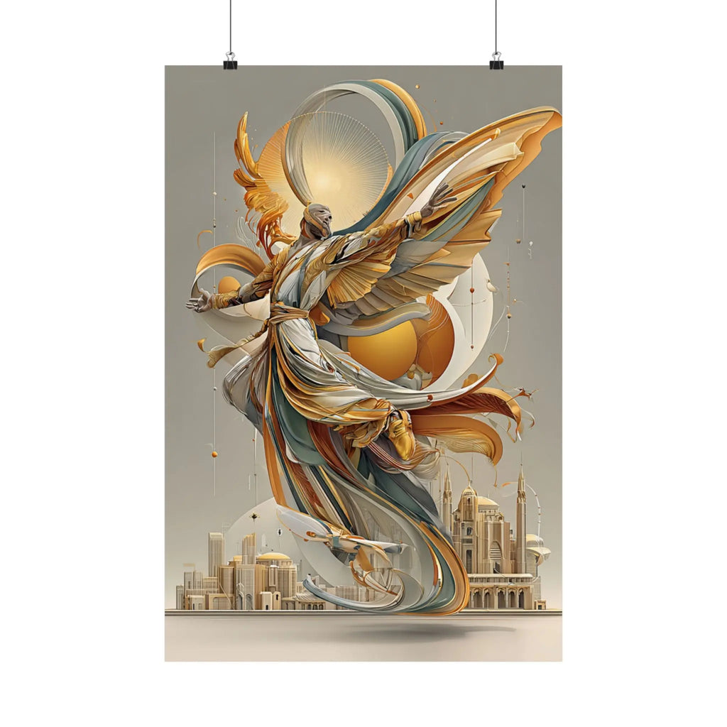 Satin Art Poster — Golden Angel Cityscape (210gsm) Printify