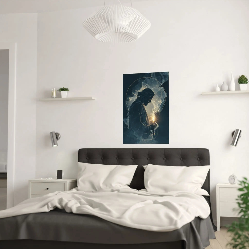 Jesus with Candle Satin Poster — Spiritual Religious Wall Art Printify