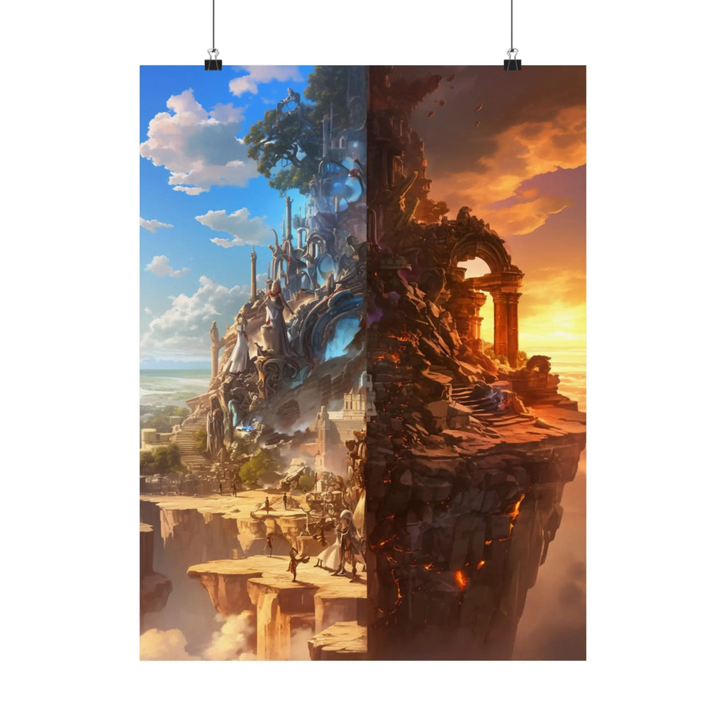Fantasy Split-World Satin Poster (210gsm) — Day & Night Landscape Art Print Printify