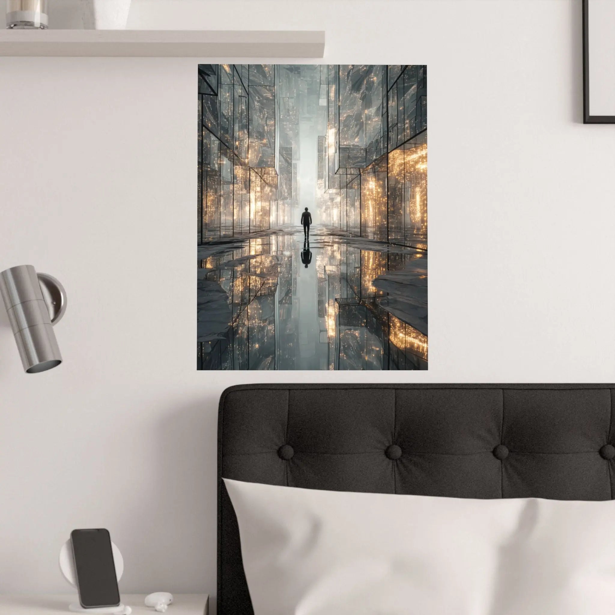 Futuristic Cityscape Satin Poster — Reflective Urban Night Art Print Printify