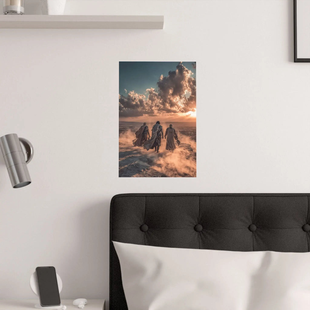 Desert Wanderers Satin Poster – Cinematic Sunset Adventure Wall Art Printify